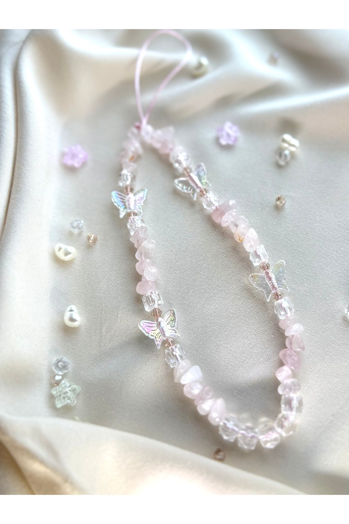 MİRAZ TASARIM-Pink Quartz Natural Stone Butterfly/Cube Beaded Phone Charmi Phone String 3