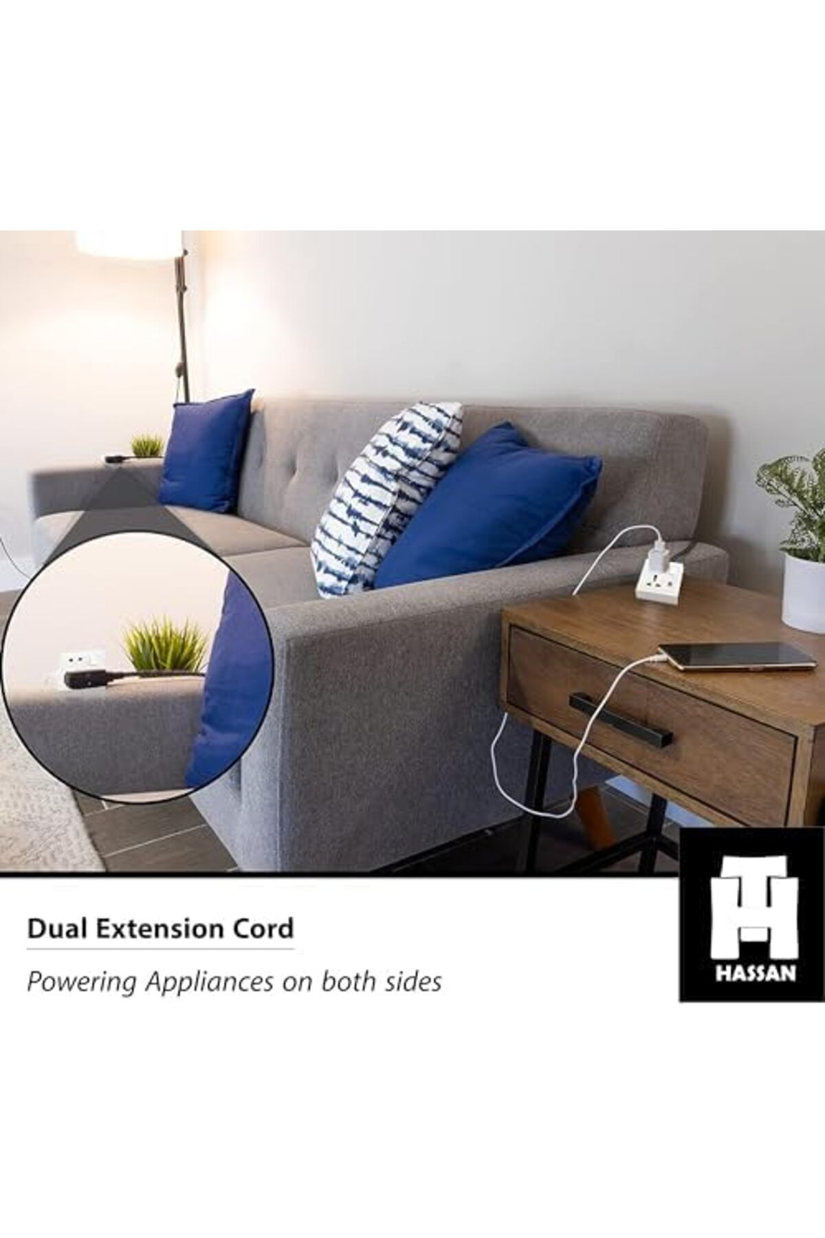HASSAN-Dual Single Socket Extension Cord - 2 Universal Socket Outlet, Modern Design Space Saving Ele 8