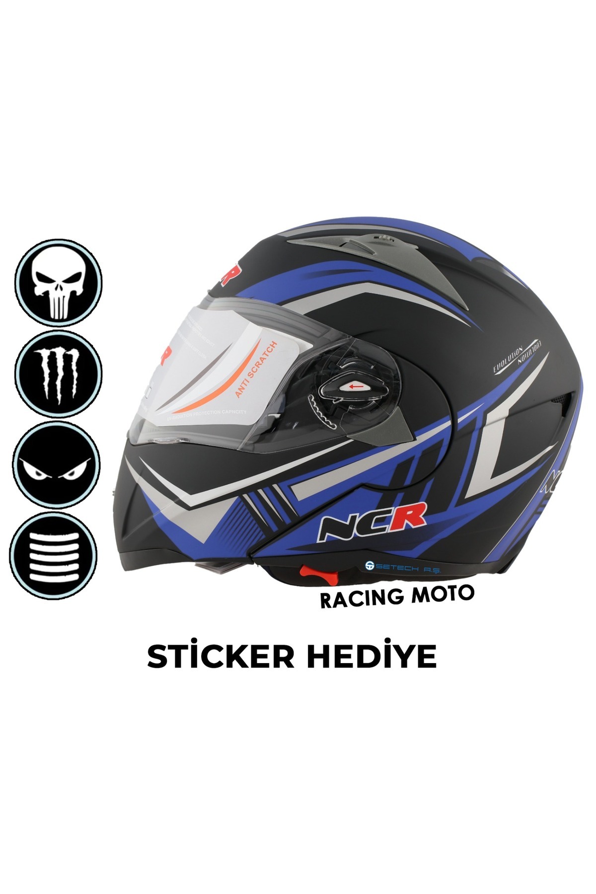 NCR Çene Açılır Kask - Mavi - (ECE BELGELİ) Sticker Hediyeli