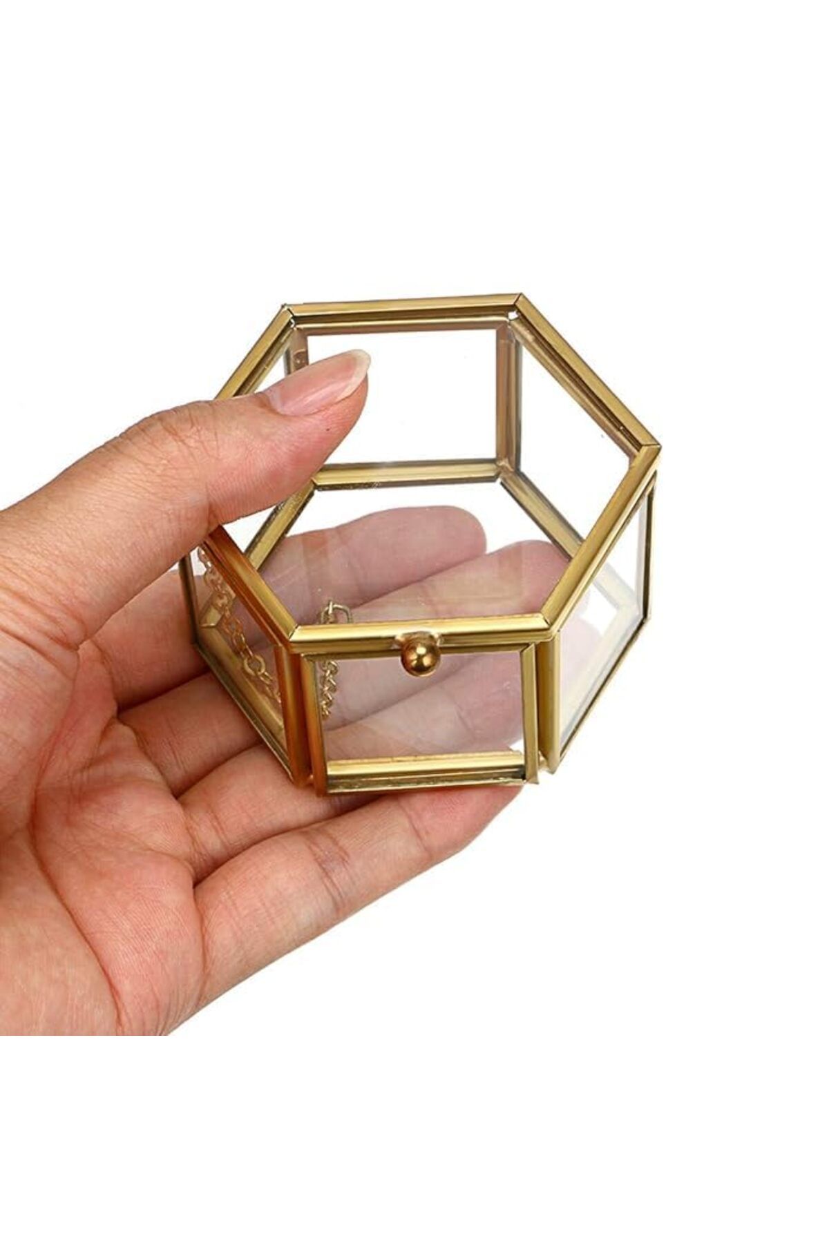 Lamsit Ibdaa-Glass Trinket Box, Hexagon, Gold, Keepsake Organizer with Lid (Hexagon) 7