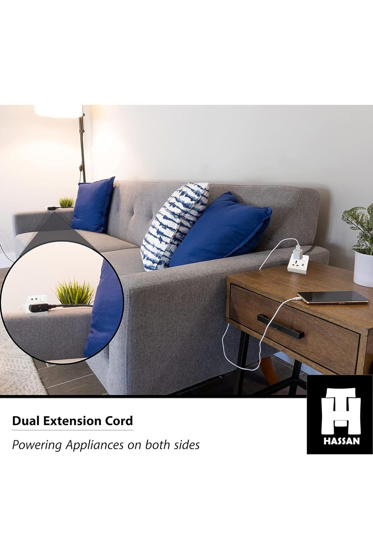 HASSAN-Dual Single Socket Extension Cord - 2 Universal Socket Outlet, Modern Design Space Saving Ele 7