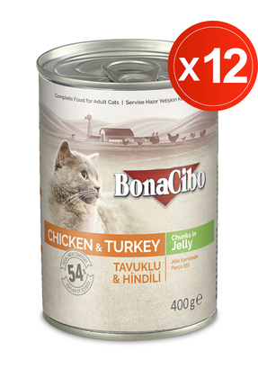 BonaCibo Jöleli Tavuk ve Hindili Yaş Kedi Maması, 400 Gr X 12 Adet, Tüm Irkla...