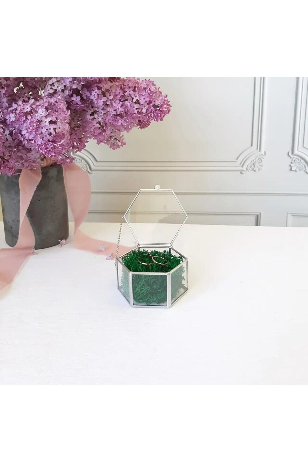Lamsit Ibdaa-Glass Trinket Box, Hexagon, Silver, Keepsake Organizer with Lid (Hexagon) 6
