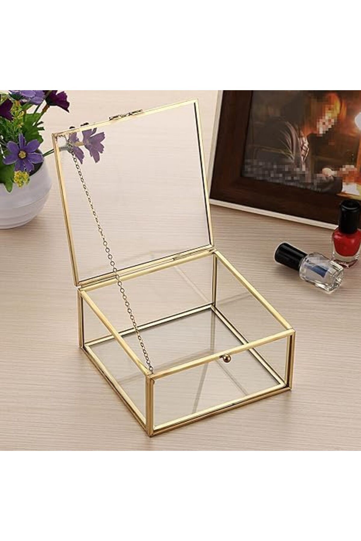 Lamsit Ibdaa-Glass Trinket Box, Hexagon, Gold, Keepsake Organizer with Lid (Cubic) 7