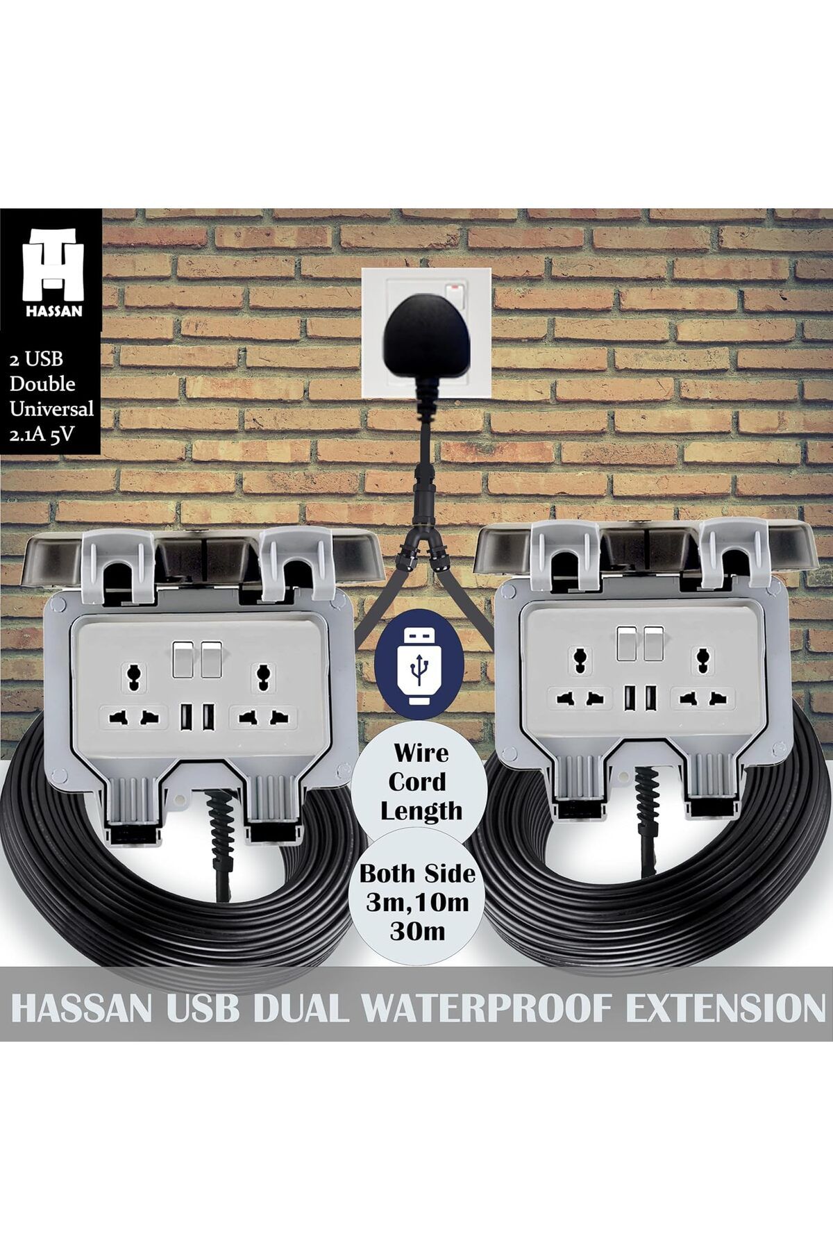 HASSAN-Weatherproof Dual USB Universal Extension Socket 13A With Heavy Duty Long Cord (3 M (10ft) x 2) 3