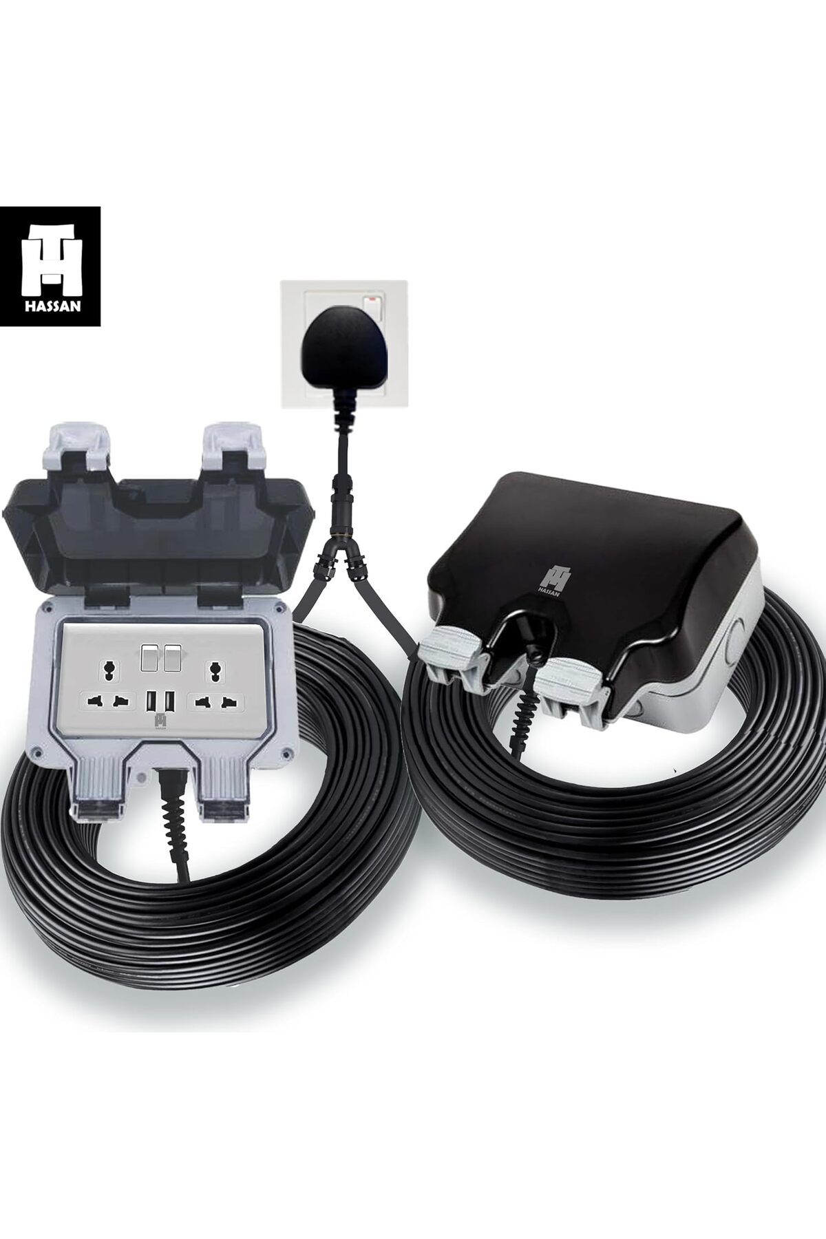 HASSAN-Weatherproof Dual USB Universal Extension Socket 13A With Heavy Duty Long Cord (3 M (10ft) x 2) 5
