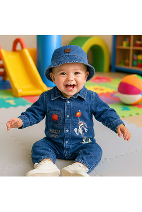 CROCODAYS Unisex Çocuk Bebek Kot (JEANS) Baskılı Şapkalı Tulum (3/6/9/12/18/2...