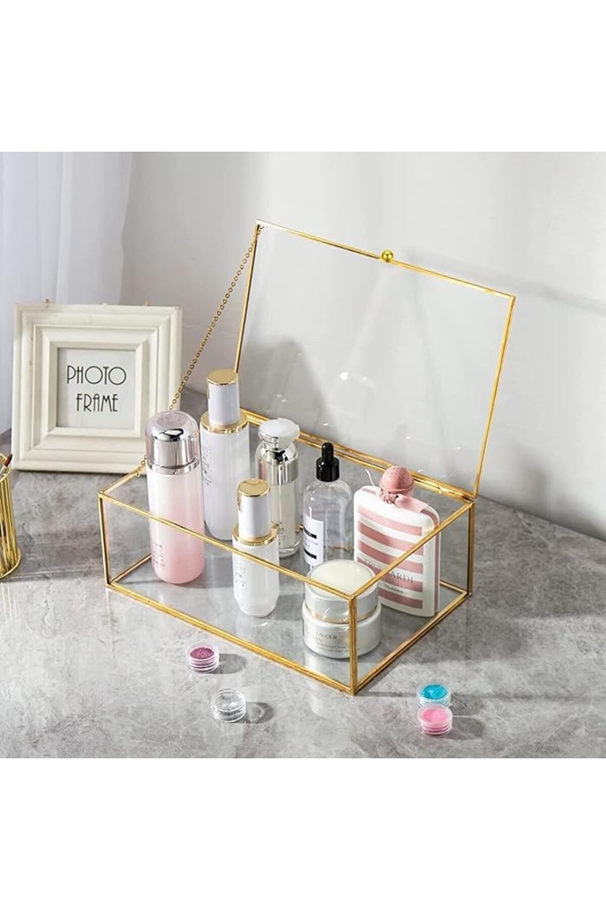 Lamsit Ibdaa-Glass Keepsake Box, Rectangle, Gold, Small (15x10x7 cm) 5