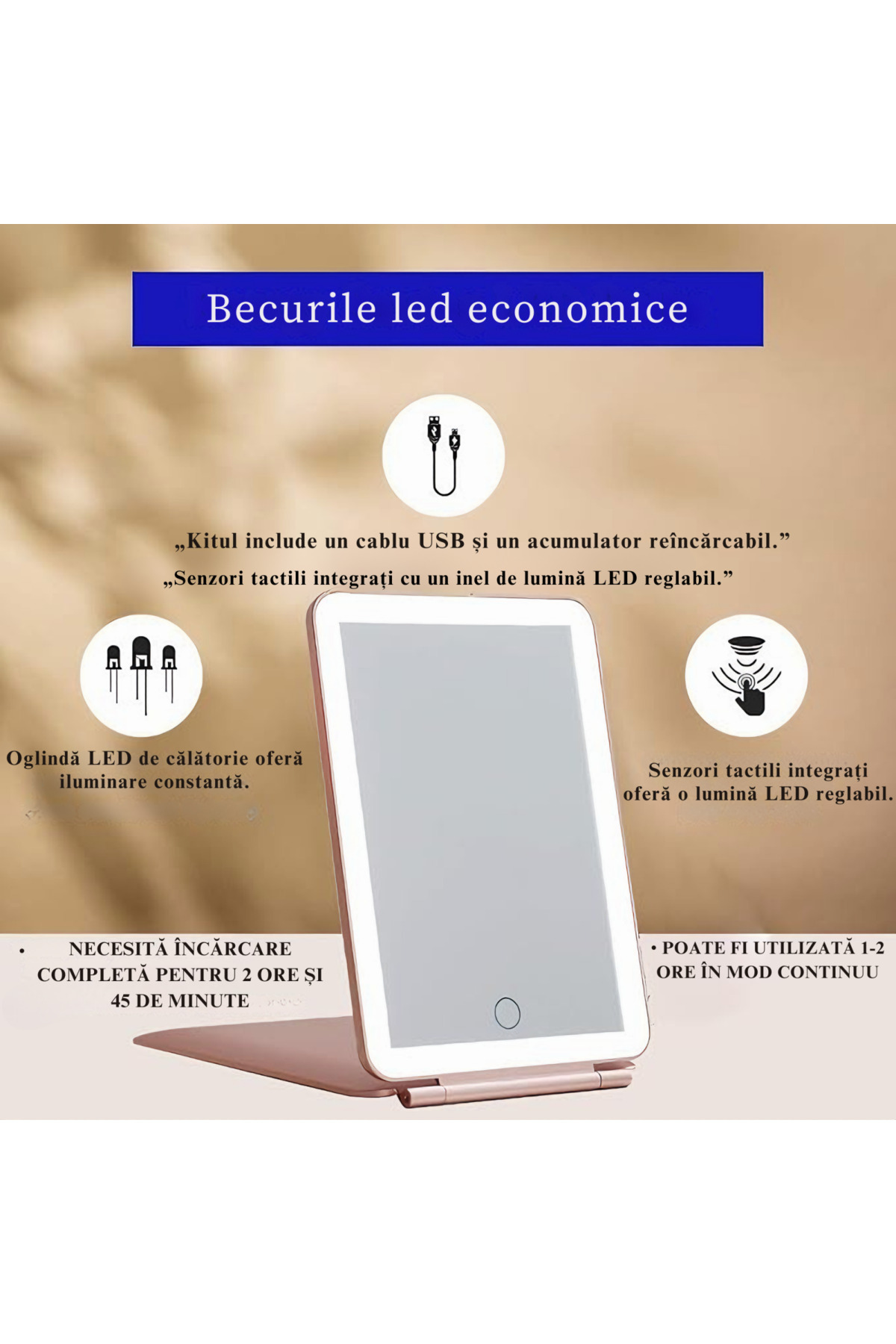 varioshop-VarioShop® portable cosmetic mirror with LED lighting, Power 12 W, Charging time 2h, Operating time 7
