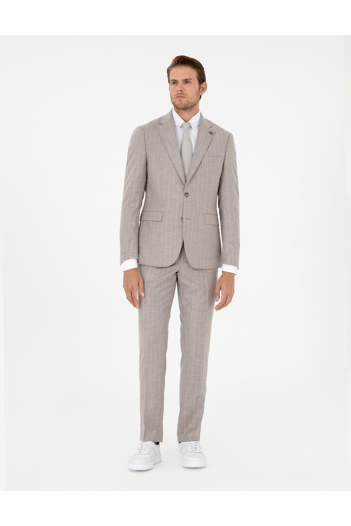 Pierre Cardin Beige Slim Fit Striped Wool Cashmere Blend Suit 50295308-Vr011