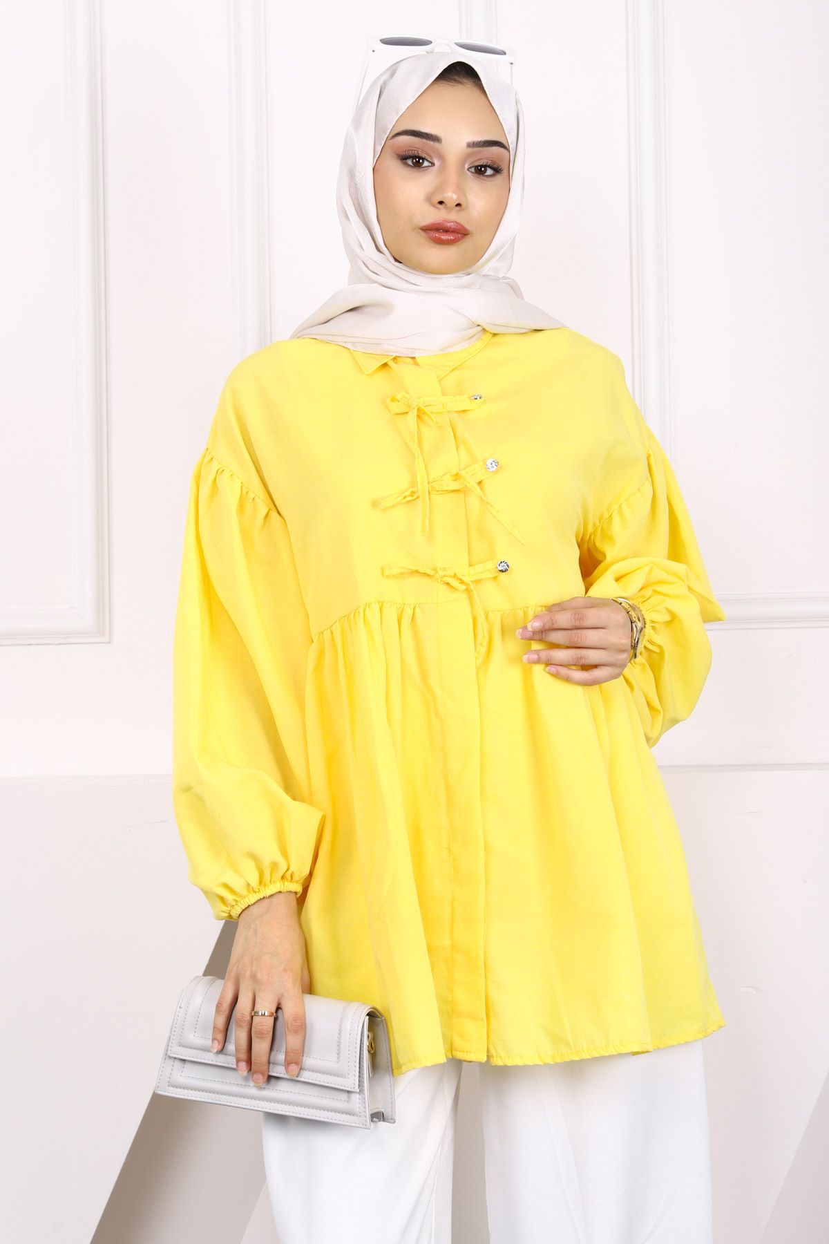 İmajButik-Dark Yellow Sleeve Elastic Front Buttoned Tunic 1