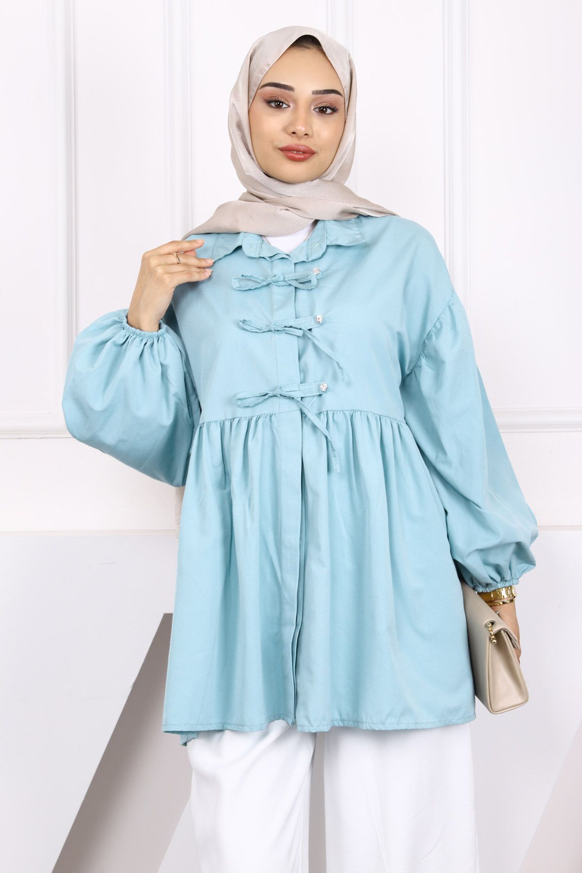 İmajButik-Mint Green Sleeve Elastic Front Buttoned Tunic 1