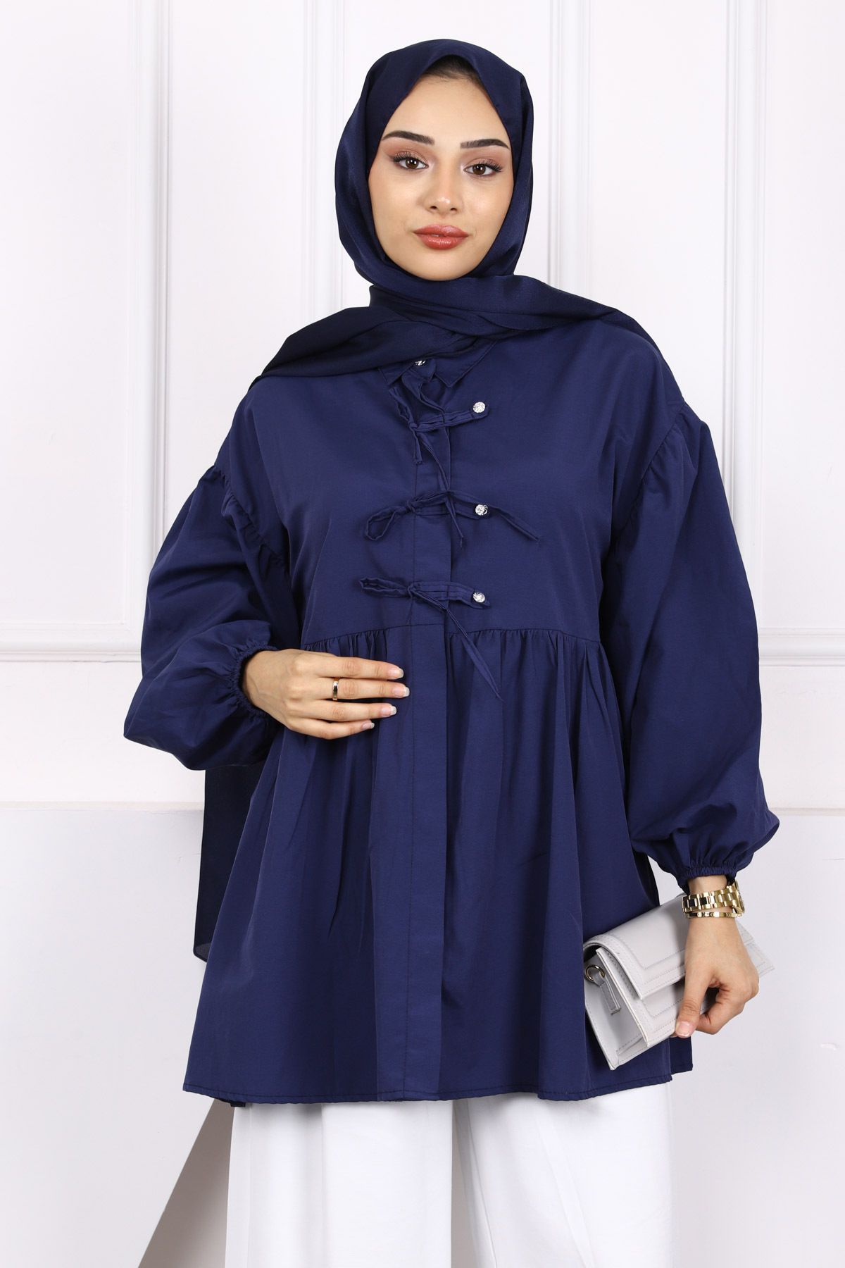 İmajButik-Navy Blue Sleeve Elastic Front Buttoned Tunic 3