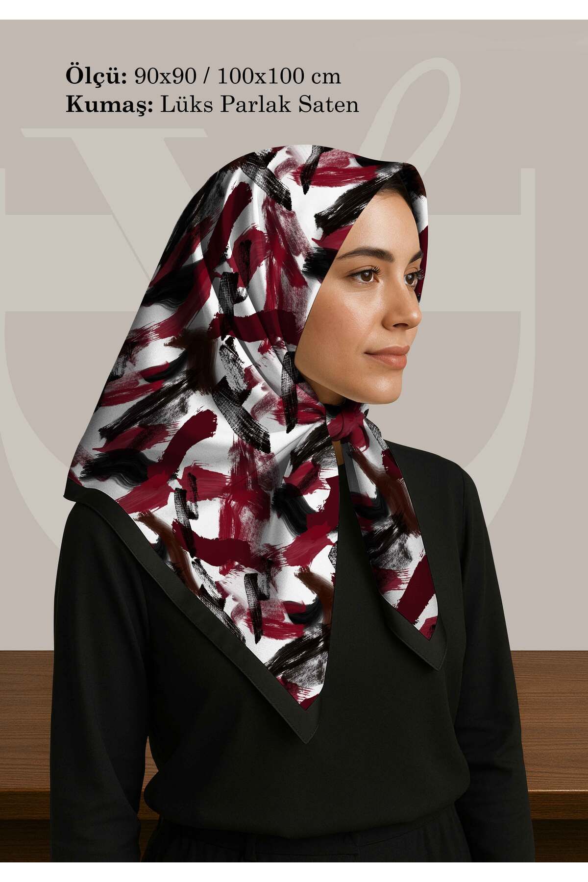 DESENİX-Brush Print Patterned Scarf |   4 Color Options |   90X90 - 100X100Cm |   Shiny Satin 1