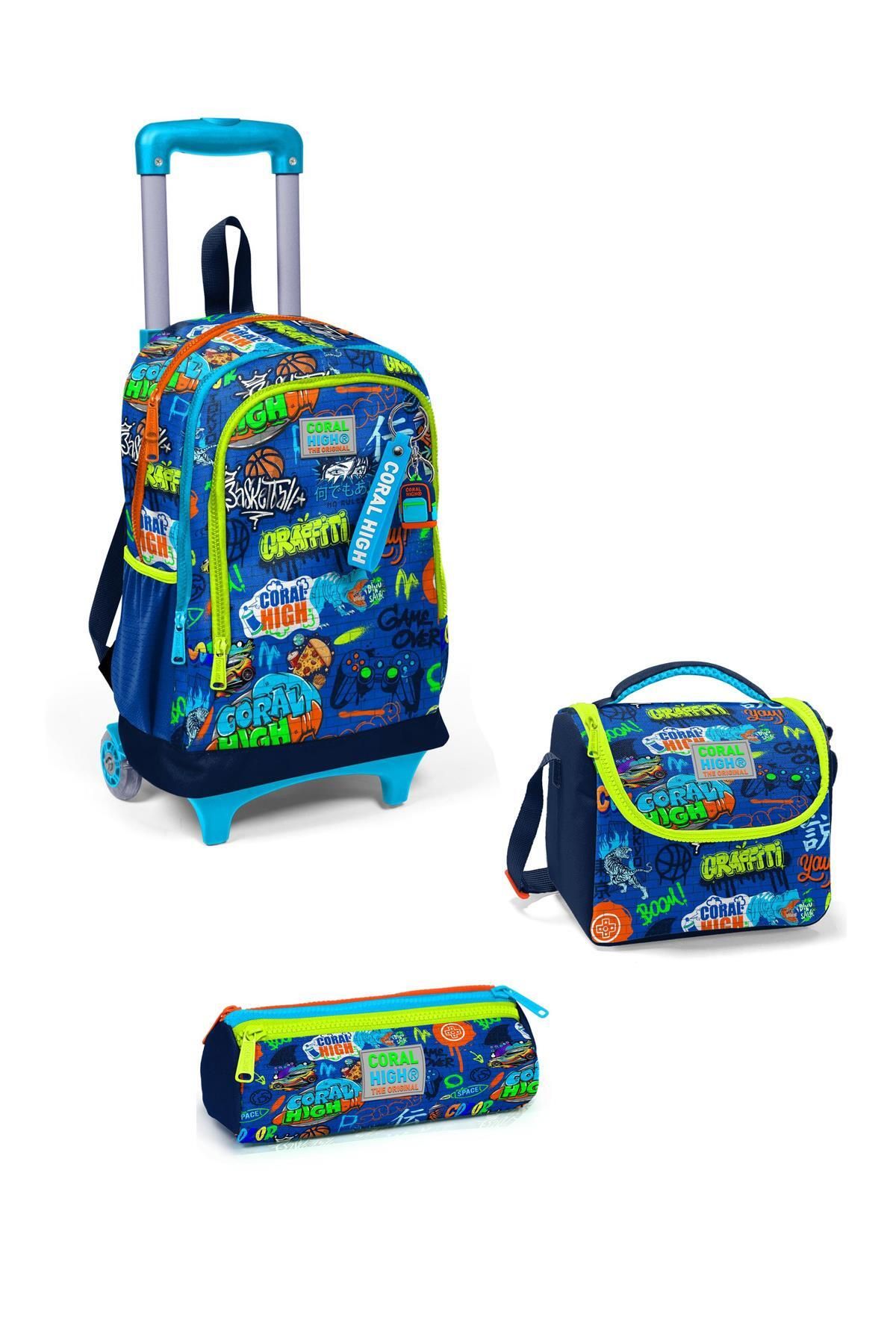 Coral High-Kids Saks Blue Graffiti Patterned Three-Compartment School Bag Set with Squeegee 3Set23967 1