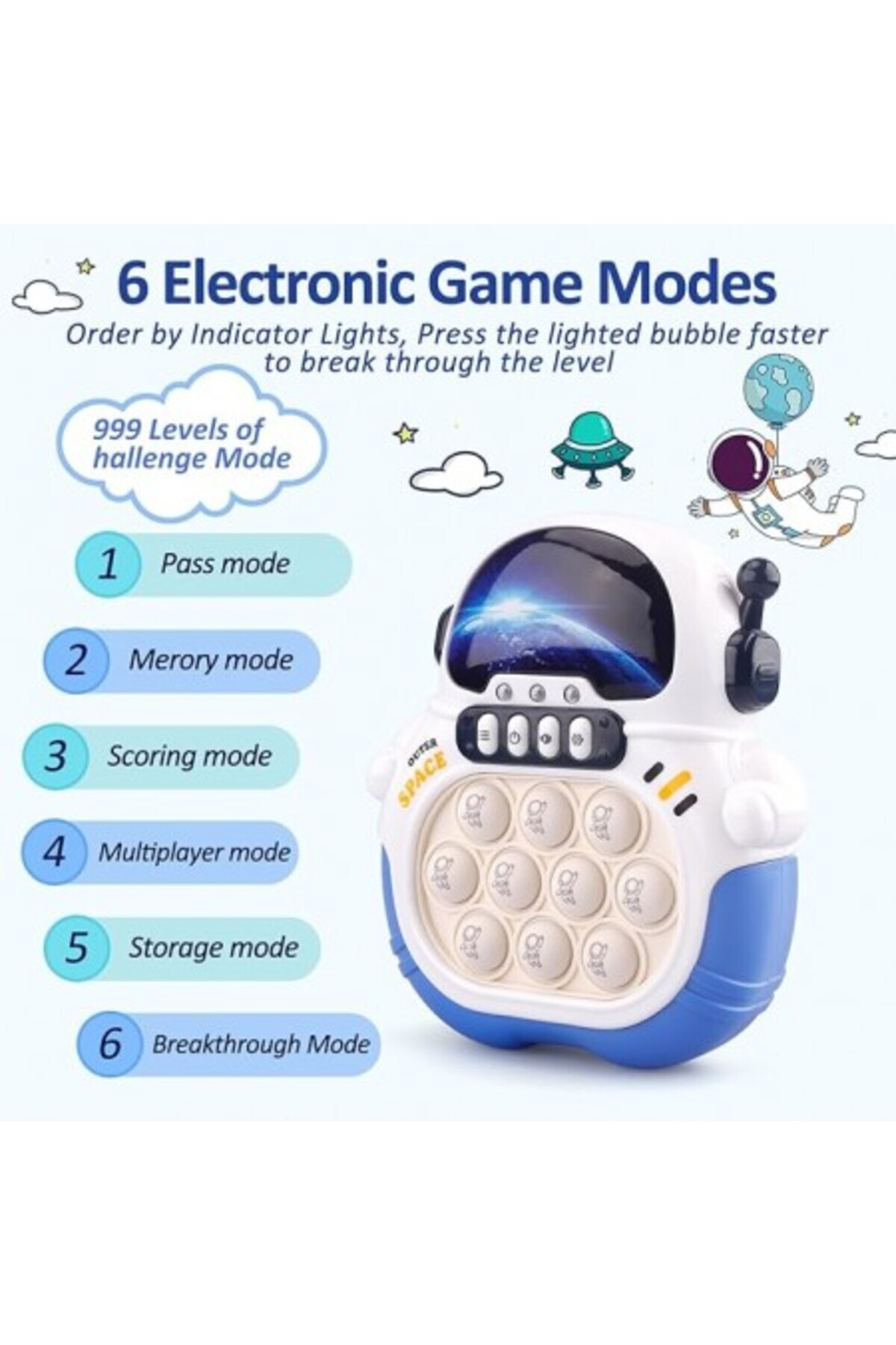 Kardett-Pop It Toy, Astronaut Electronic Fidget Console, 3 Color LED Lights, 7 Game Modes, 999 Levels 4