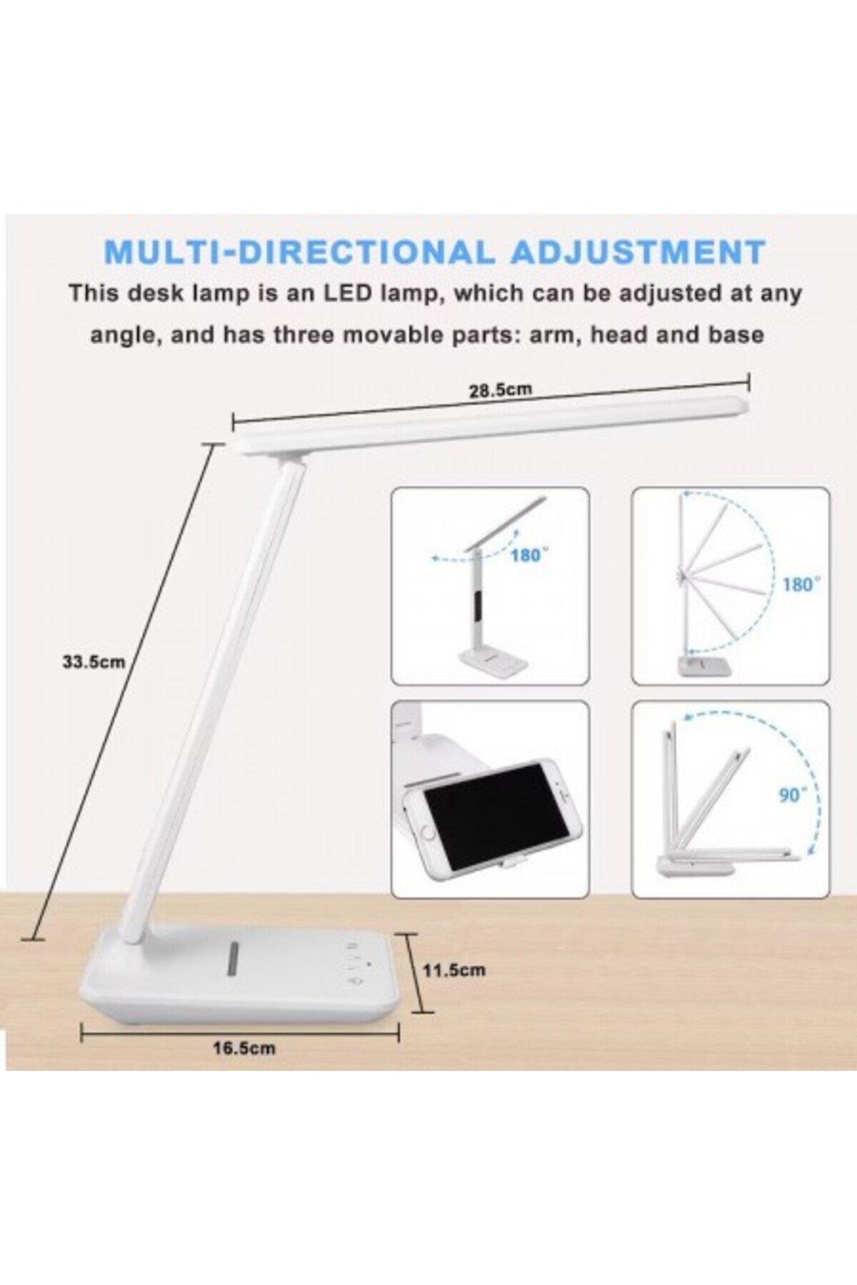 Kardett-LED desk lamp with wireless charging, USB port, clock, alarm, thermometer, touch control, 5 levels 3