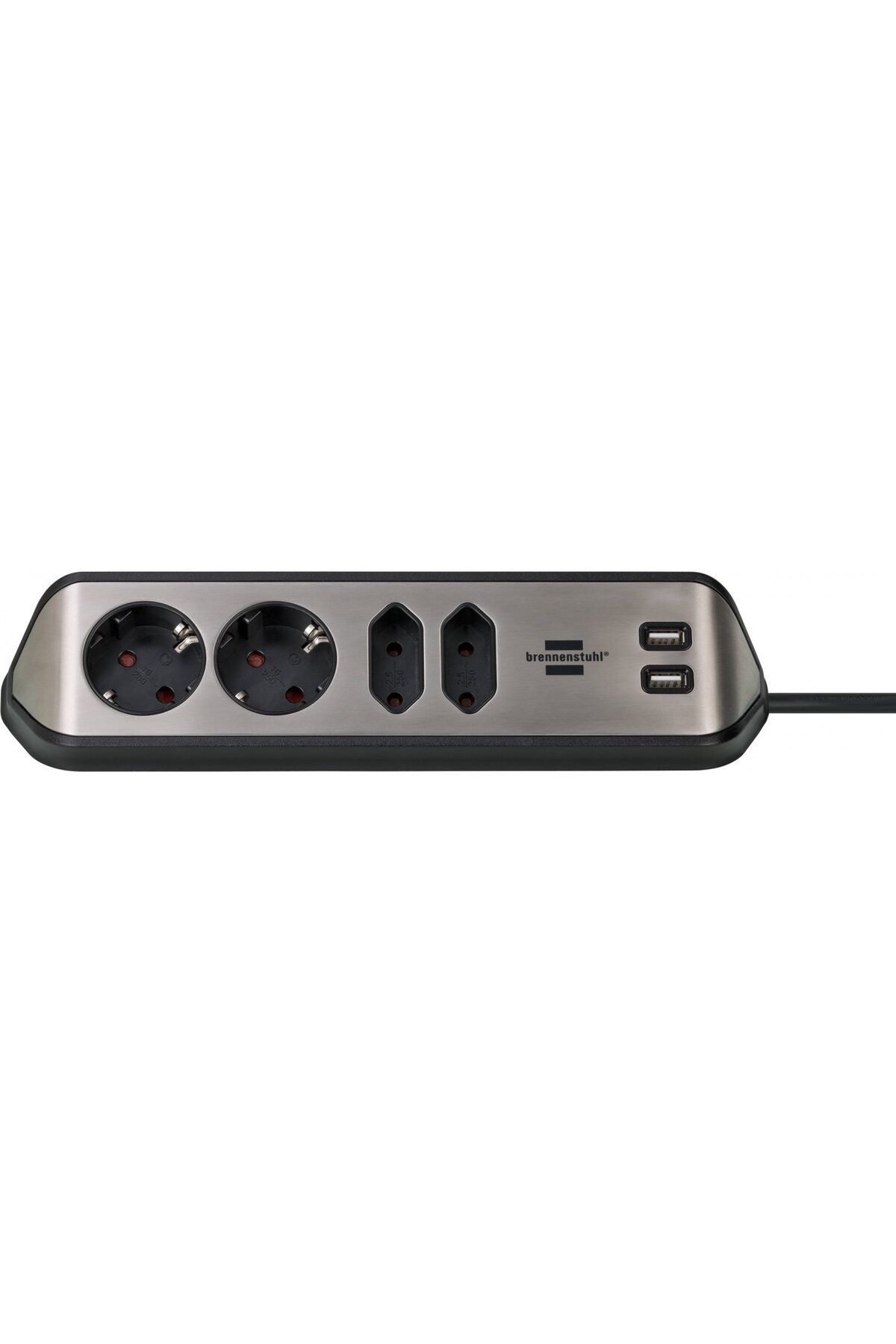 Brennenstuhl-Prelungitor pentru perete colt Estilo 4 prize, 2 USB, 3.1 A, 2m Inox, Adeziv inclu 1
