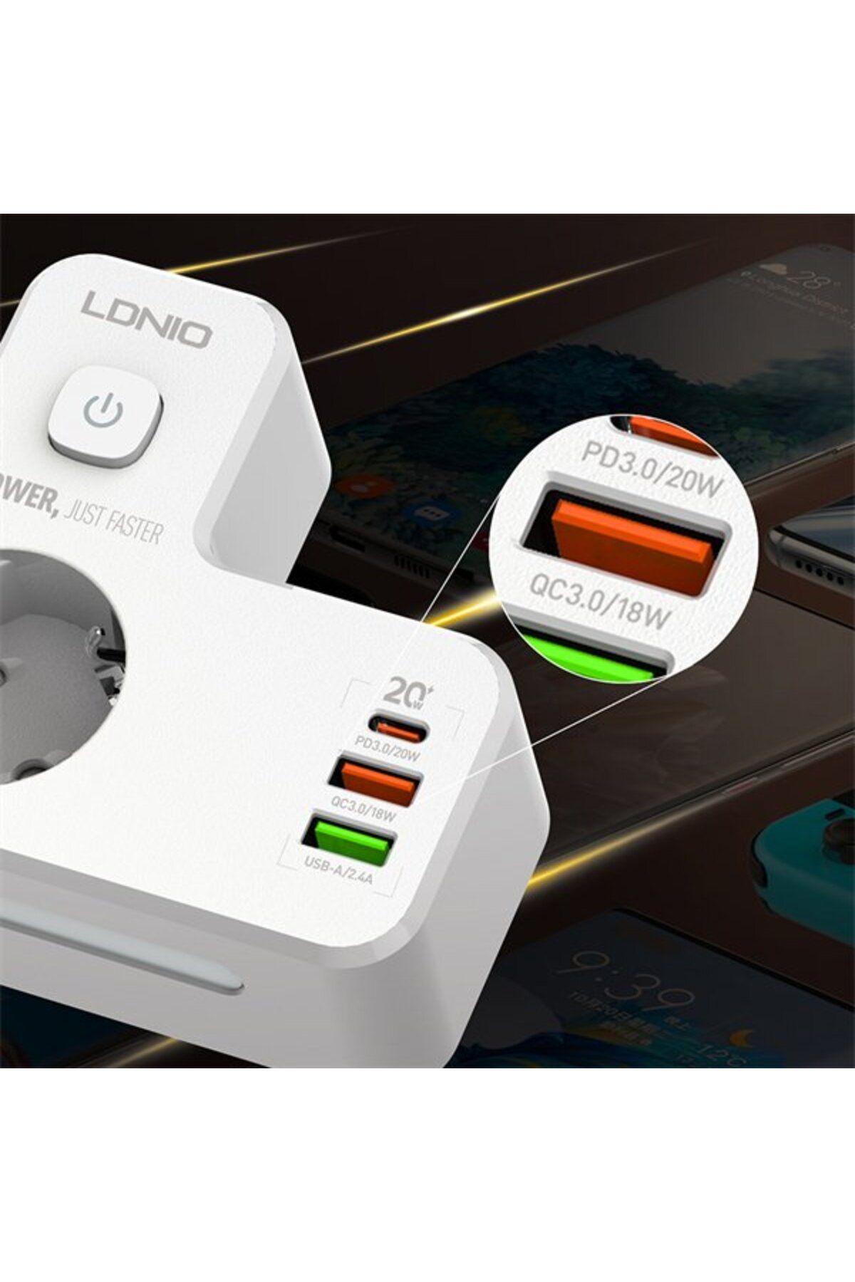 LDNIO-Adaptor priza SE2337, 2 prize, 2 X USB-A, 1X USB-C, incarcare rapida QC 3.0, 10A 3