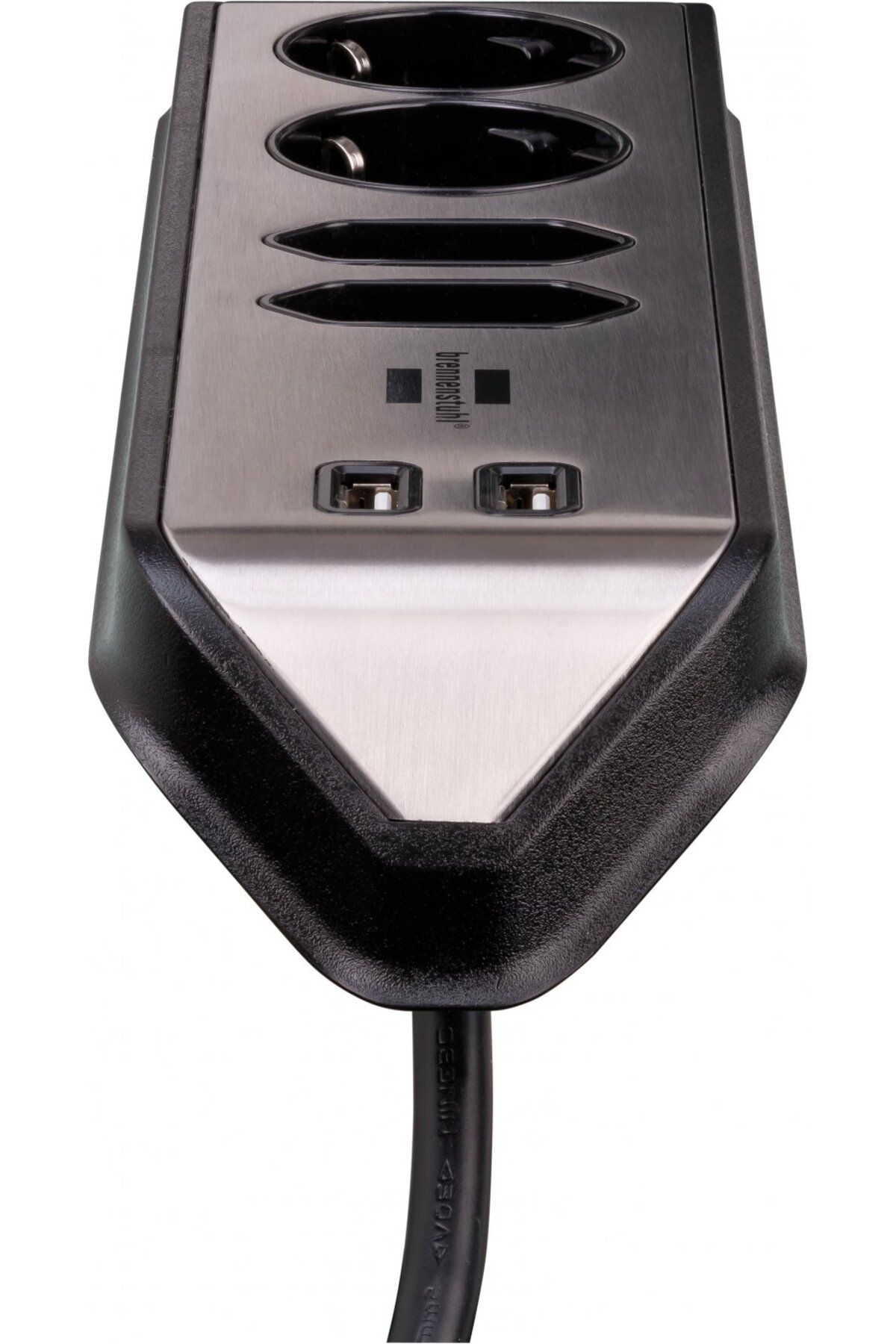 Brennenstuhl-Prelungitor pentru perete colt Estilo 4 prize, 2 USB, 3.1 A, 2m Inox, Adeziv inclu 2