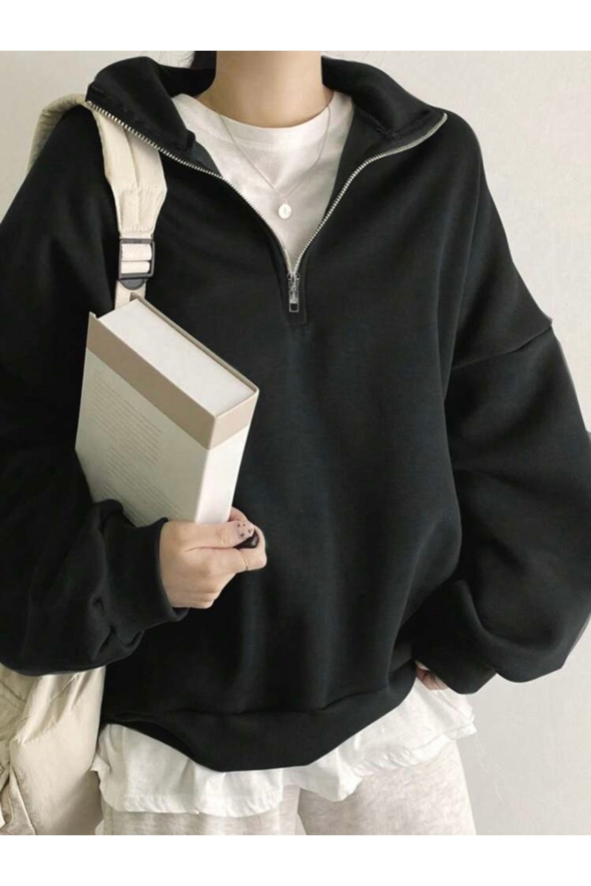 BYMEER Siyah Dik Yaka Fermuarlı Sweatshirt görsel 2