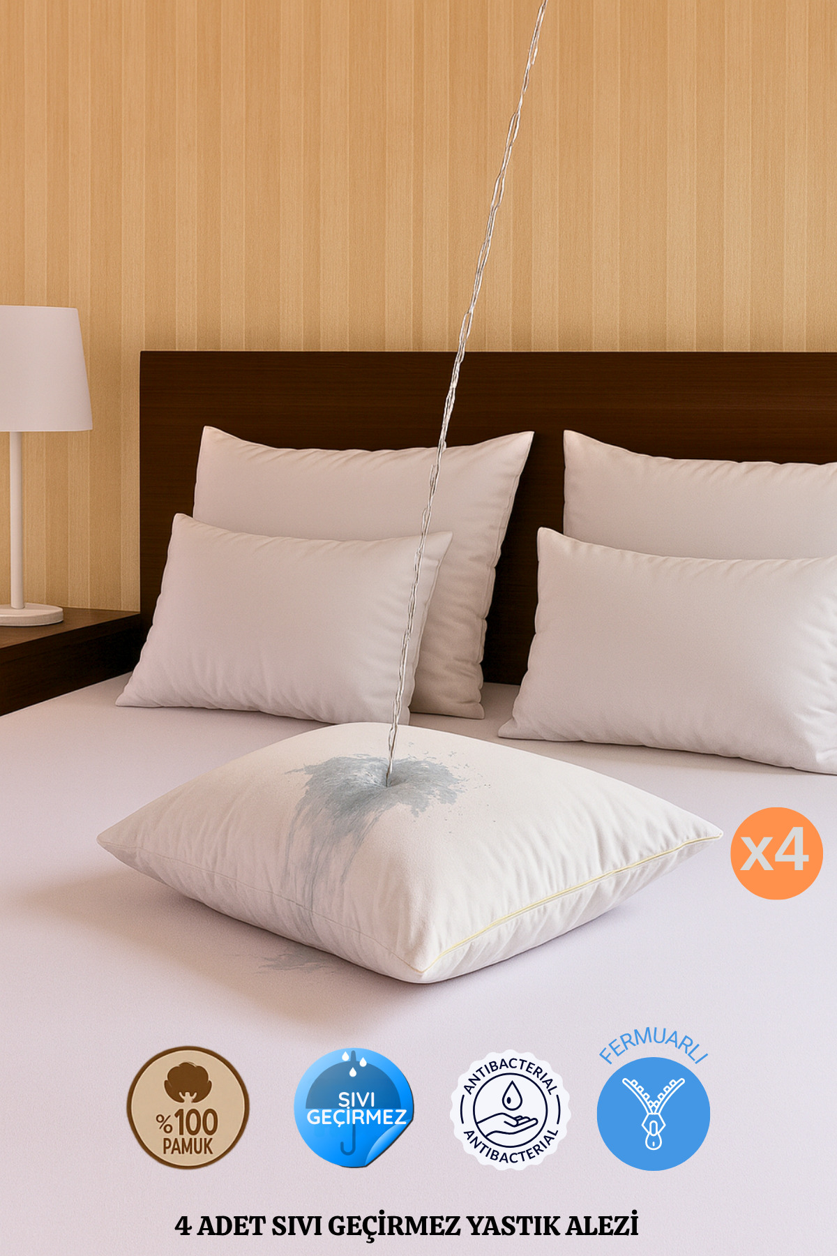 Formeya 4' Lü %100 Pamuk Su Sıvı Geçirmez Yastık Alezi Yastık Koruyucu Yastık Kılıfı 50x70 cm