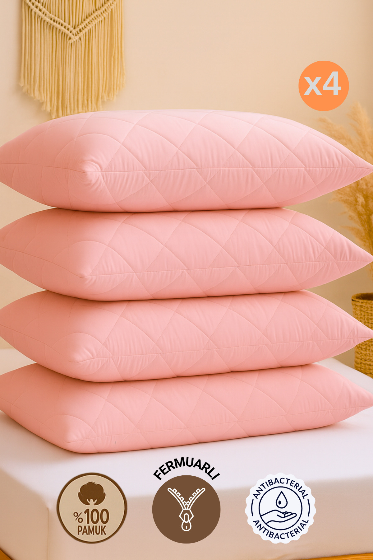 Formeya 4 Adet %100 Pamuk Kapitone Yastık Koruyucu Kılıfı-Fermuarlı Yastık Alezi Kılıf Seti 50x70 cm
