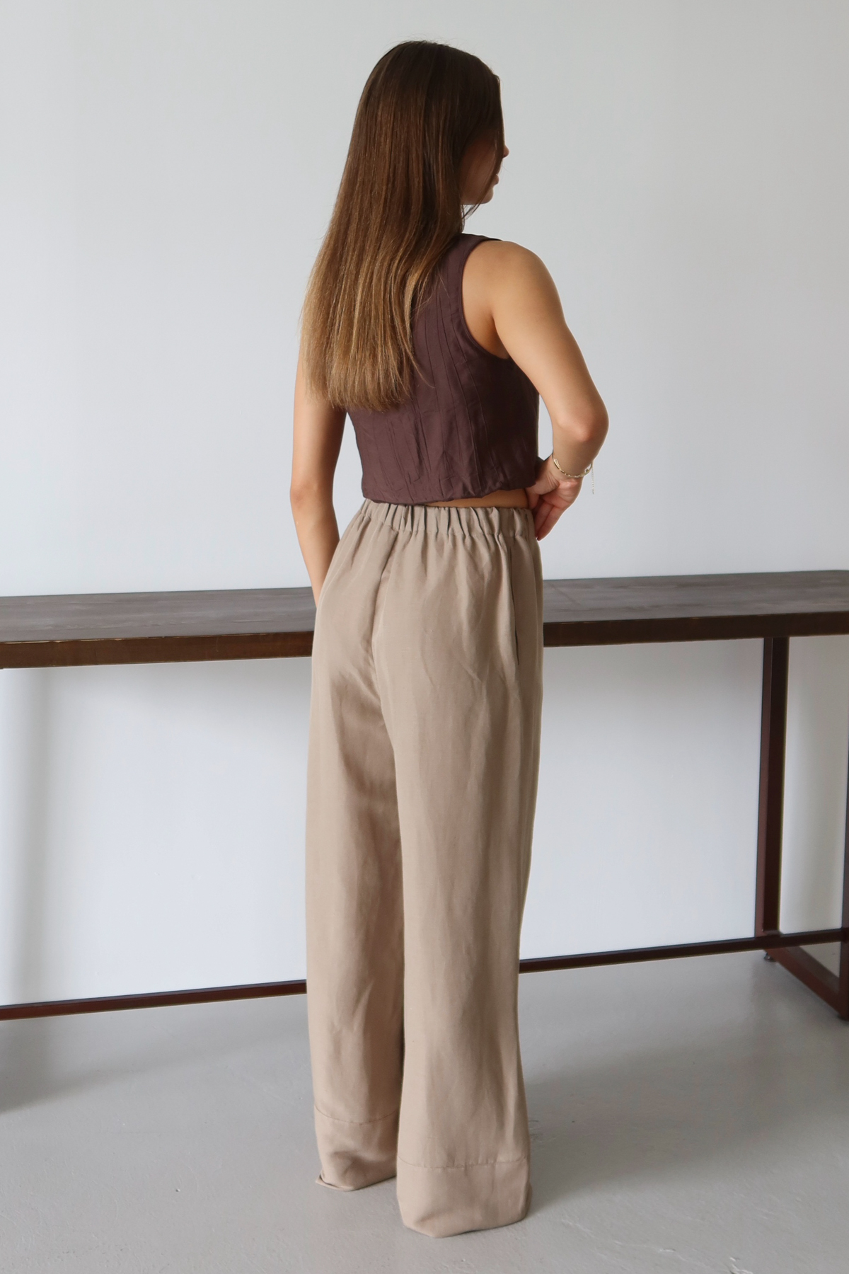 Trendyolmilla  Wardrobe Essentials Vizon Keten İçerikli Geniş Paça Beli Lastikli Pantolon TWOSS25PL00124 - Görsel 5