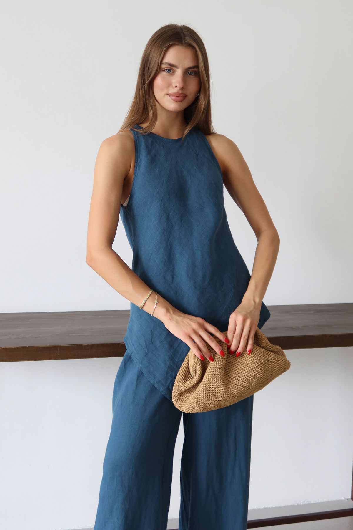 Trendyol Collection Indigo Linen Halenka bez rukávů a kalhoty Woven Bottom - Top Set TWOSS25AU00121