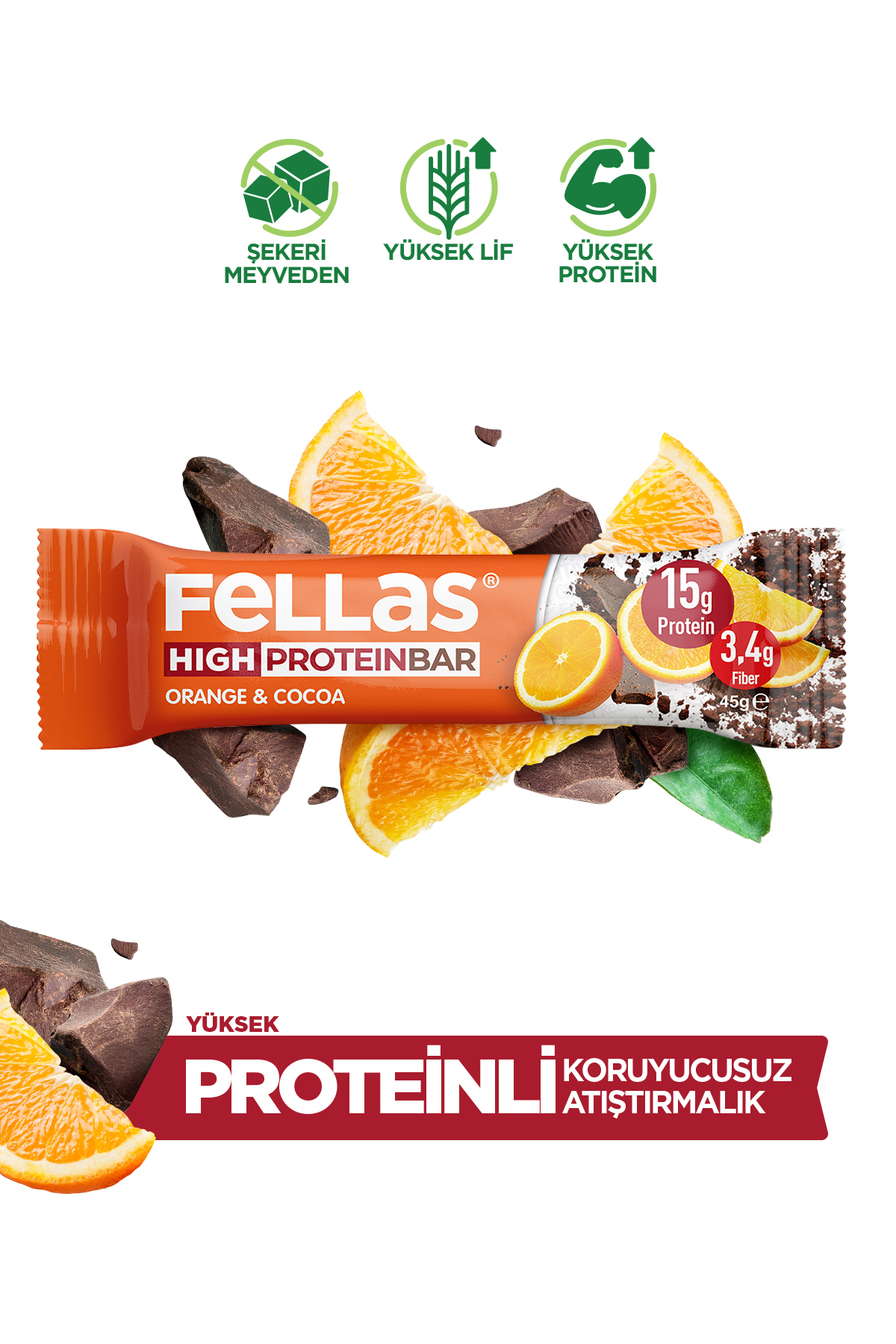 Fellas Yüksek Protein Bar - Portakal & Kakao 45g X 12 Adet