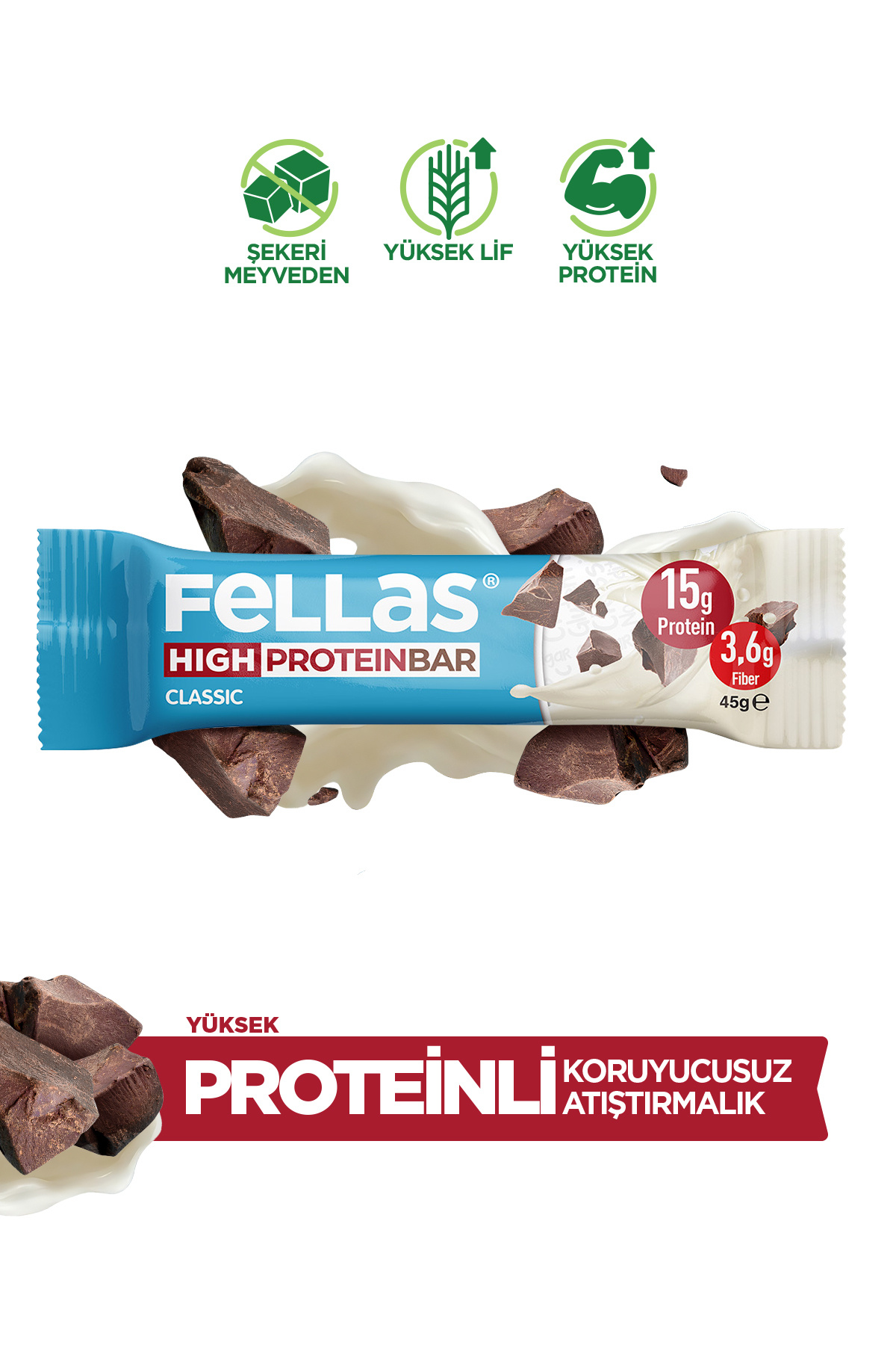 Fellas Yüksek Protein Bar - Klasik Sade 45g X 12 Adet