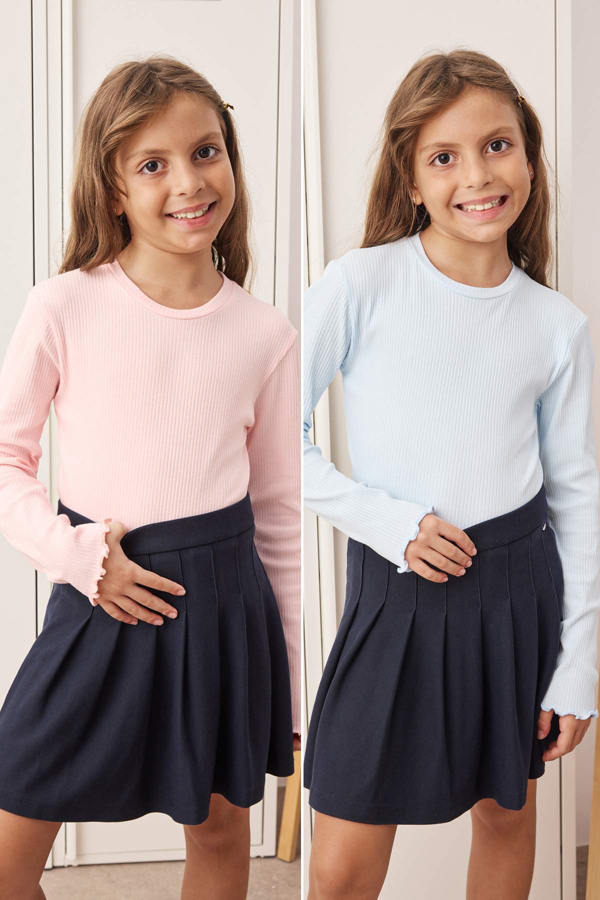 Trendyolmilla Kids Pembe-Mavi 100% Pamuk 2'li Düz/Basic Regular Örme Kız Çocuk Okul T-Shirt TKDAW26TS00001
