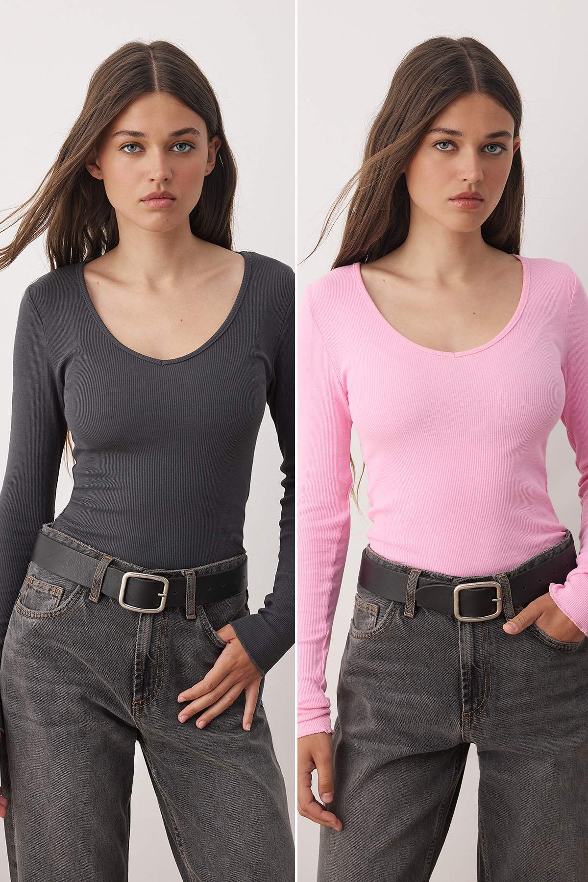 Trendyolmilla Antrasit-Pembe 2'li Paket V Yaka Fitted/Vücuda Oturan Pamuklu Esnek Örme Bluz TWOAW24BZ00068