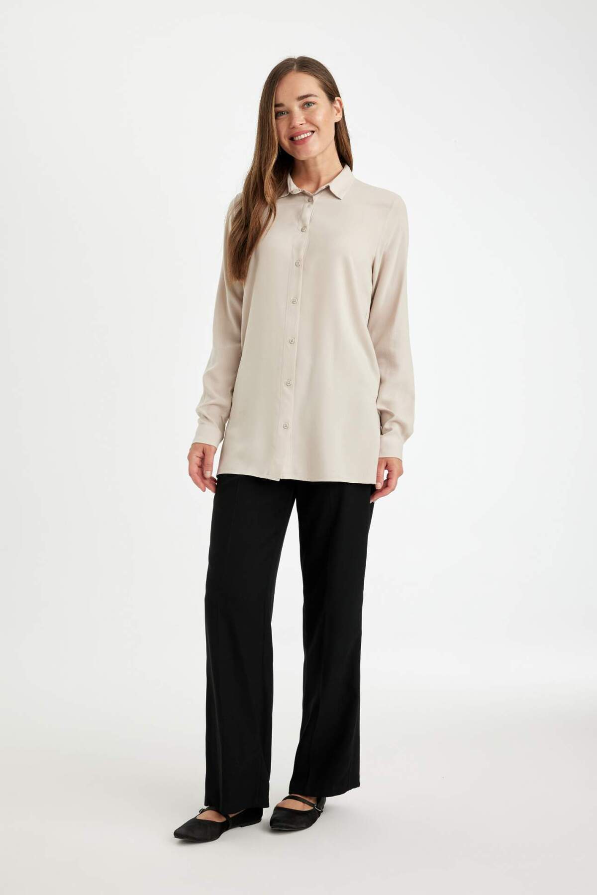 DeFacto-Regular Fit Basic Plain Button Long Sleeve Shirt D4230Ax24Au 2