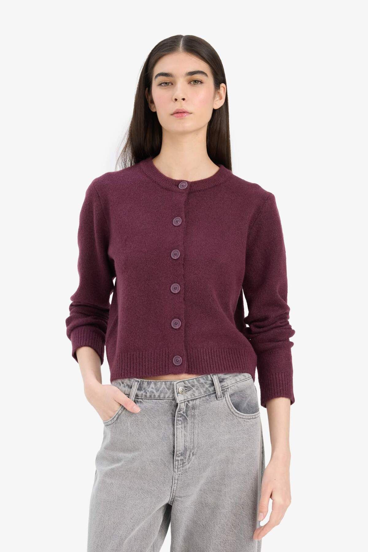 DeFacto-Regular Fit Crew Neck Basic Plain Button Soft Touch Soft Knitwear Cardigan E3654Ax25Wn 4