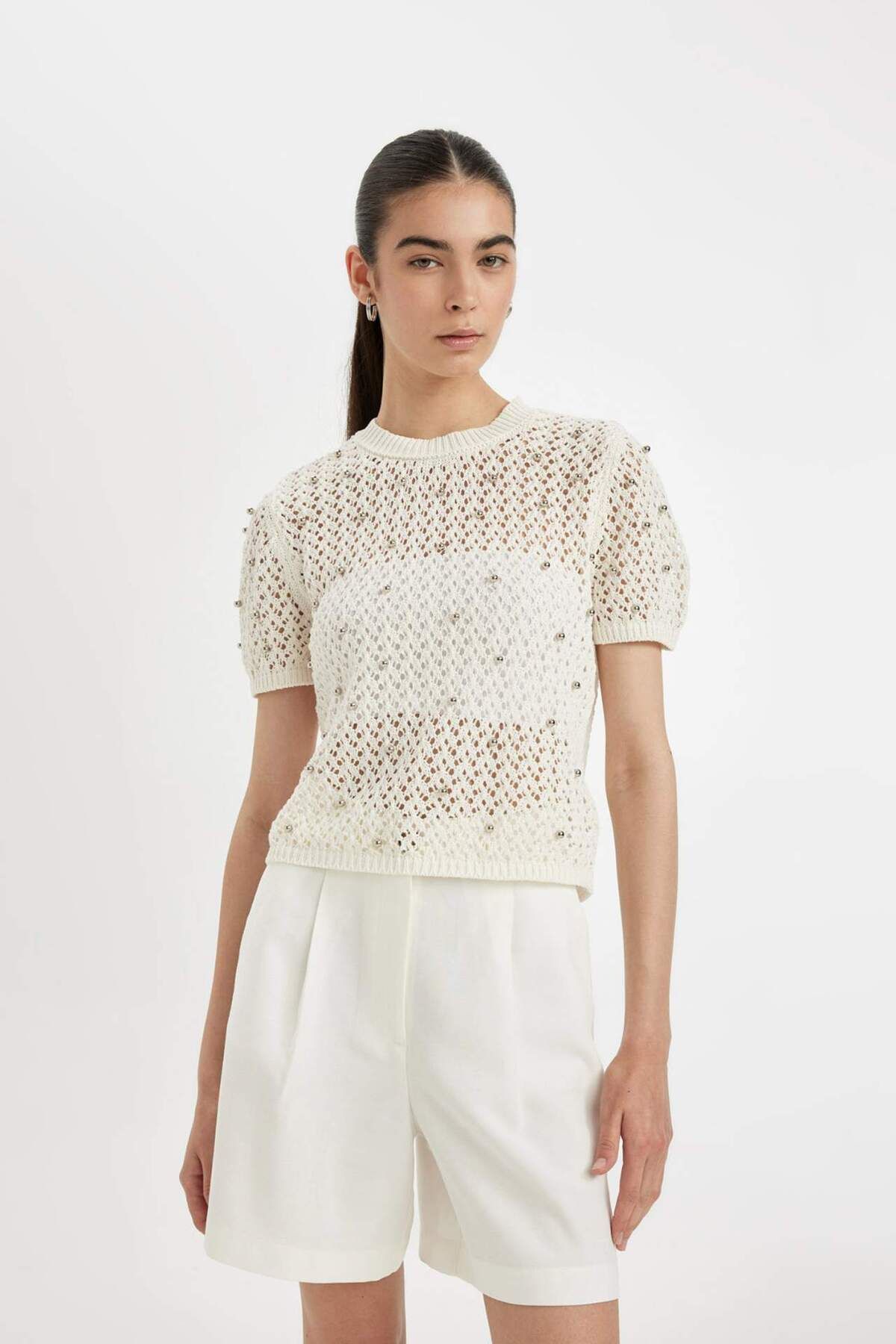 DeFacto-Regular Fit Crew Neck Crochet Short Sleeve Knitwear T-Shirt D4529Ax24Hs 1