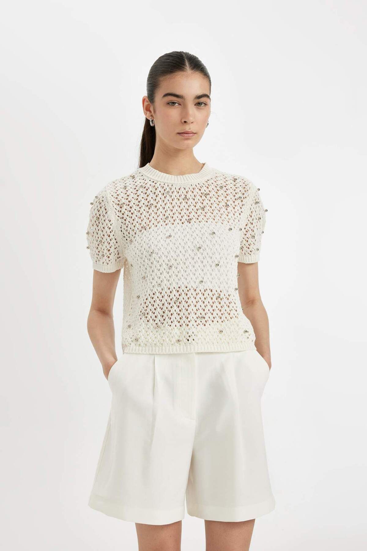 DeFacto-Regular Fit Crew Neck Crochet Short Sleeve Knitwear T-Shirt D4529Ax24Hs 3