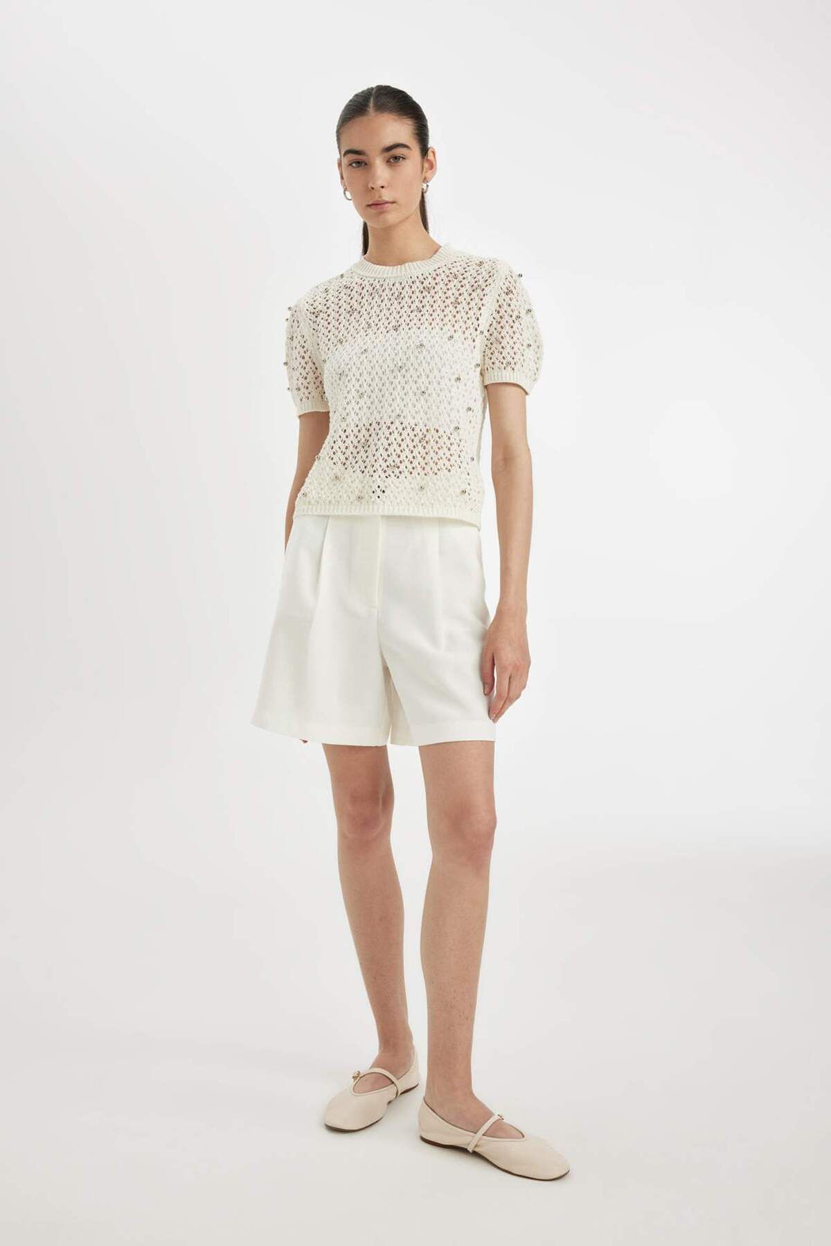 DeFacto-Regular Fit Crew Neck Crochet Short Sleeve Knitwear T-Shirt D4529Ax24Hs 2