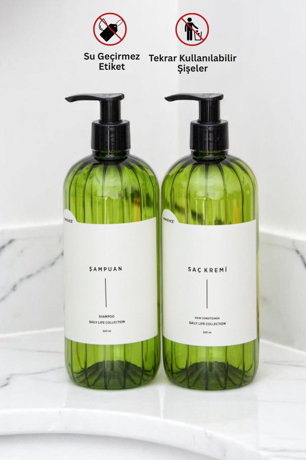 homence-Σετ 2 Σαμπουάν Conditioner Ετικέτα Πλαστικό Μπουκάλι Σετ Πράσινο Δοχείο Σαπουνιού 500 ml 1