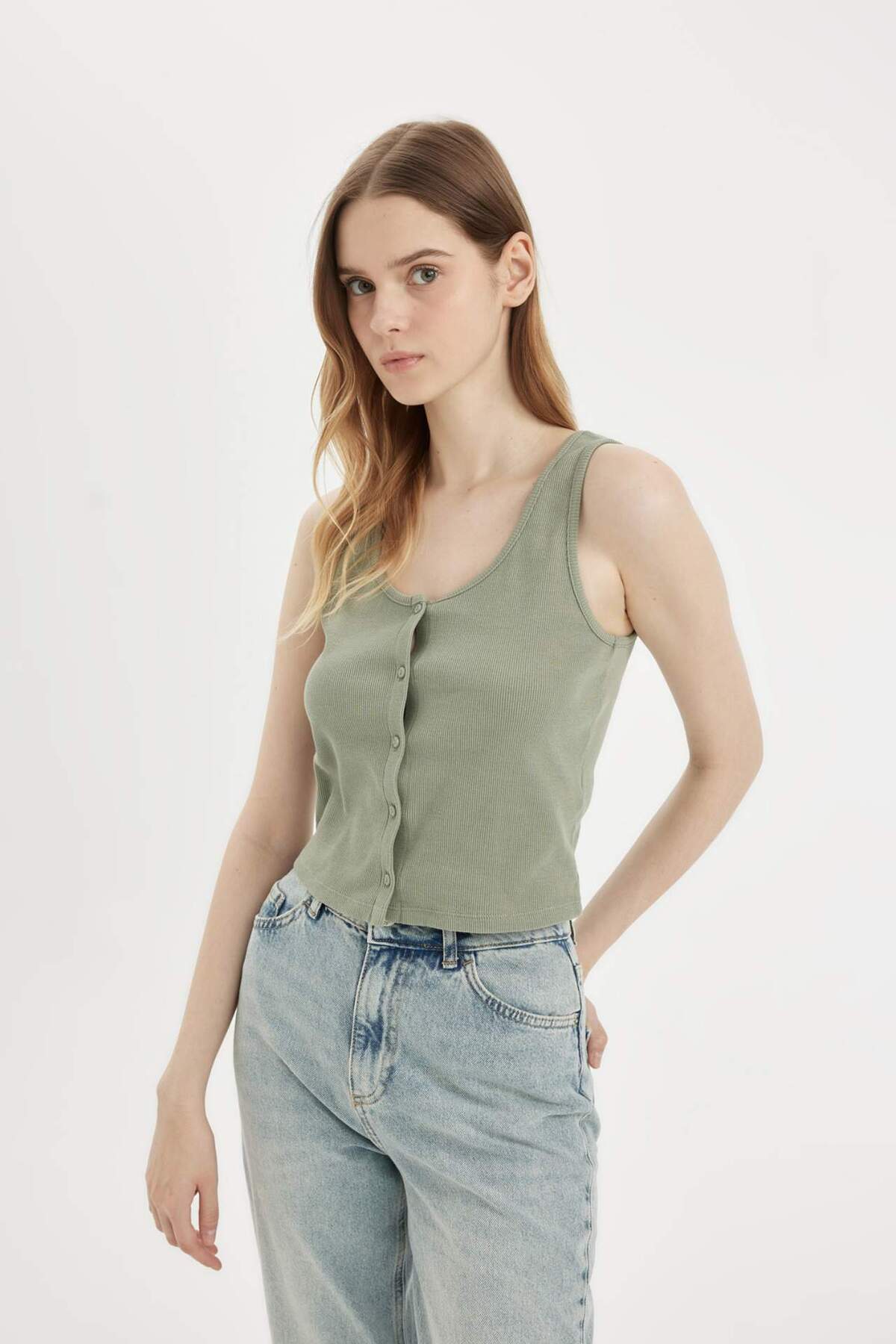 DeFacto-Fitted U-Neck Ribbed Camisole Buttoned Tank Top D1173Ax24Sm 3