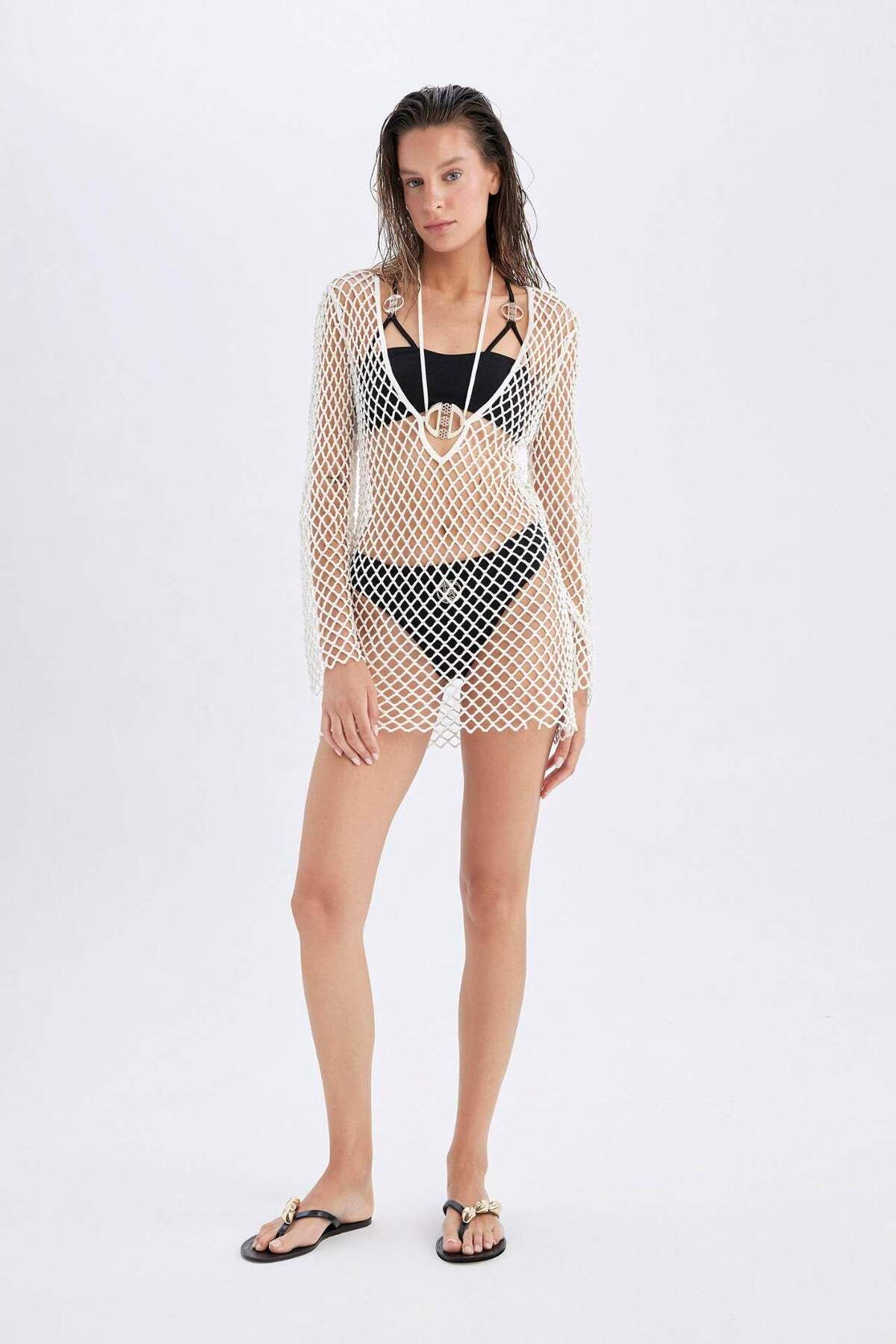 DeFacto-DeFacto Mesh Mini-Strandkleid - Langarm C5814AX24HS 3