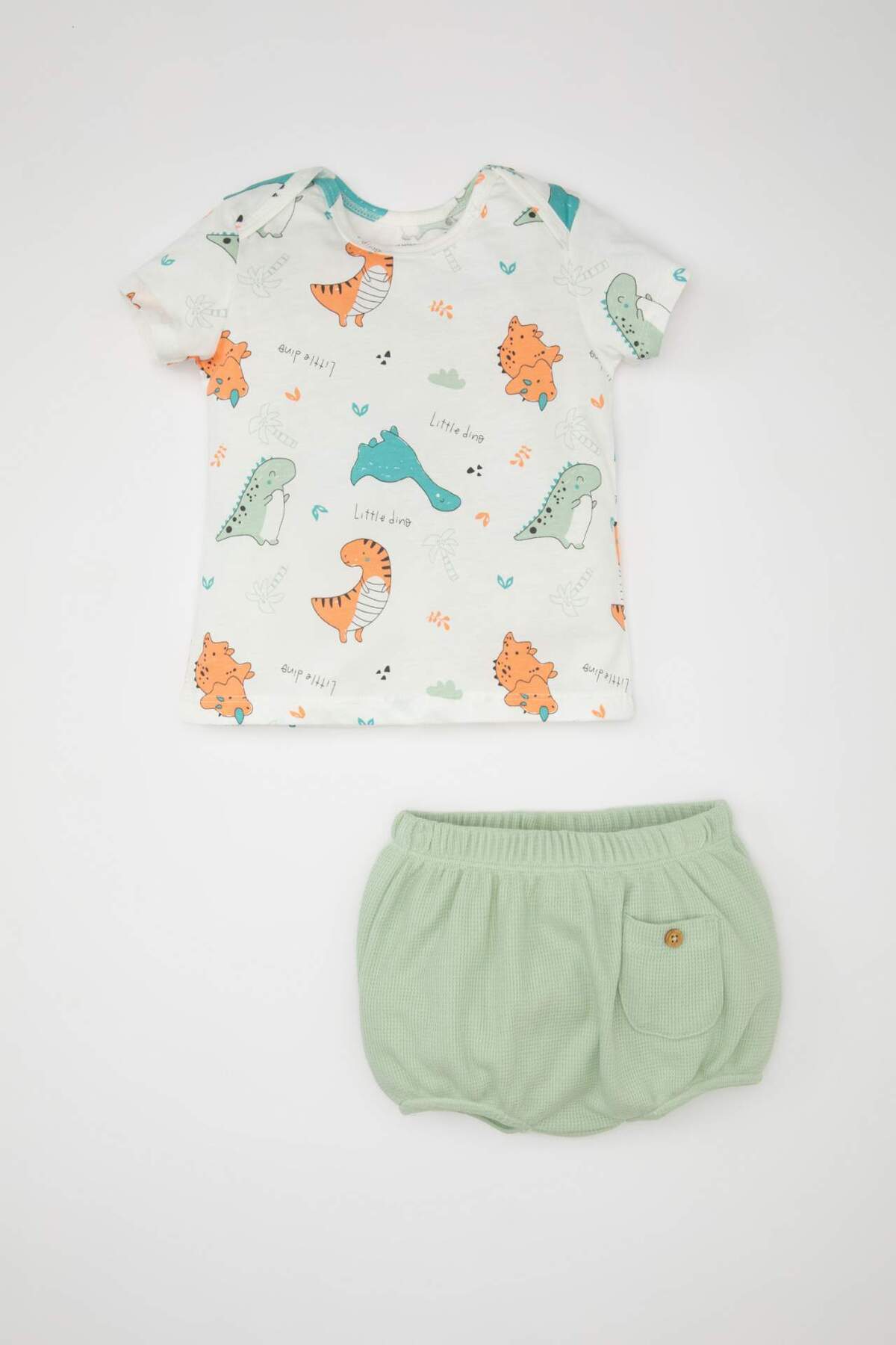 DeFacto-Baby Boy 2-Piece Set Dinosaur Pattern Waffle Short Sleeve T-Shirt Top Elastic Waist Shorts Bottom C8329A524H 1
