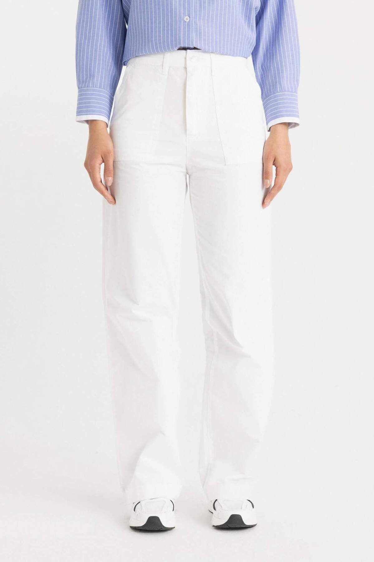 DeFacto-Weit geschnittene, weite, lockere Beintaschen, weiße Basic-Gabardine-Hose C4528AX24SM 4