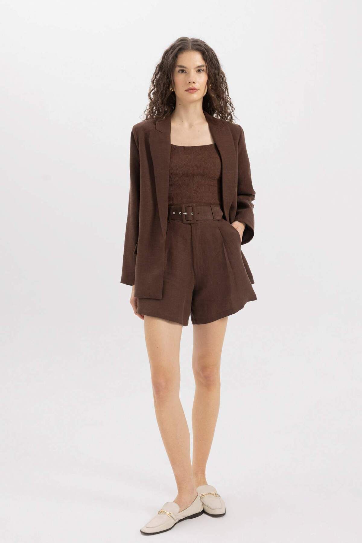DeFacto-100 % Leinen Oversize Weite Passform Knopf-Basicschlichter Blazer Jacke C1437AX24SM 2