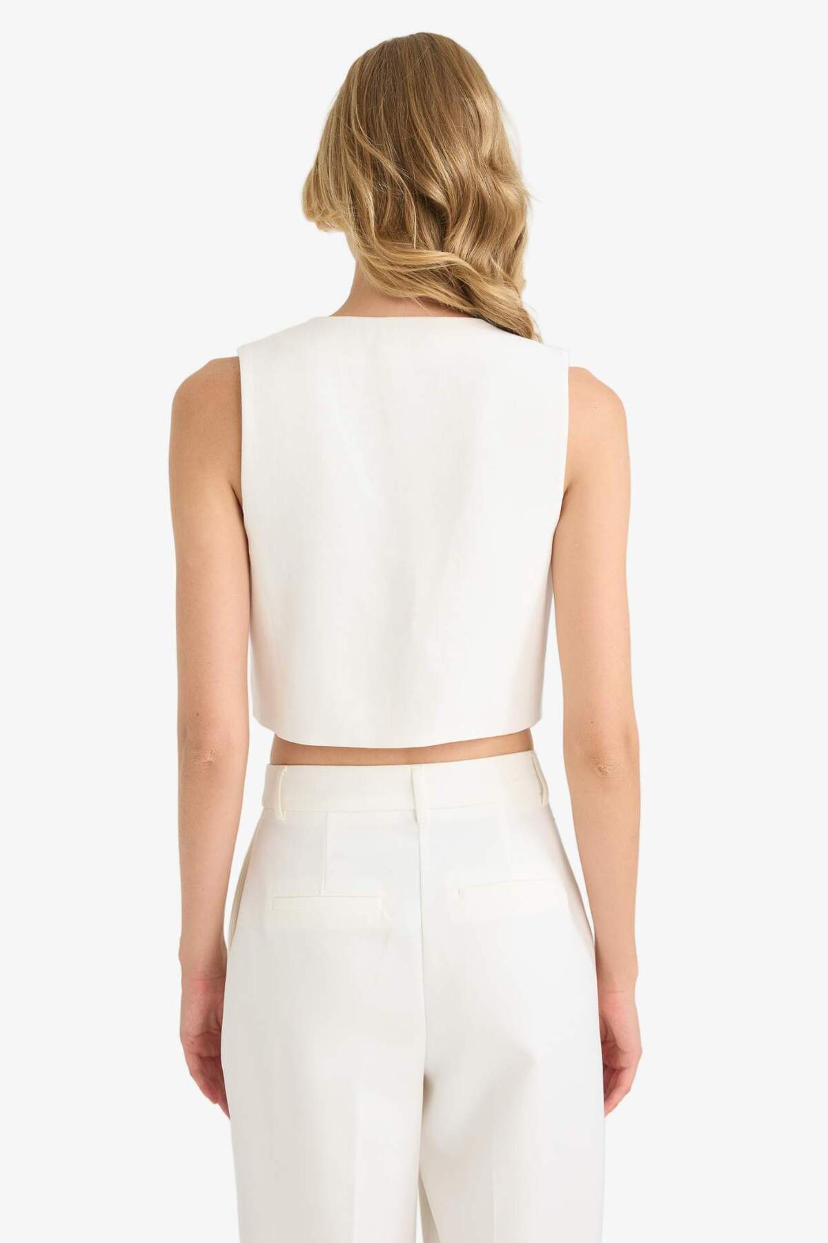 DeFacto-Crop V-Neck Linen Blend Blazer Vest C7798Ax24Sm 5