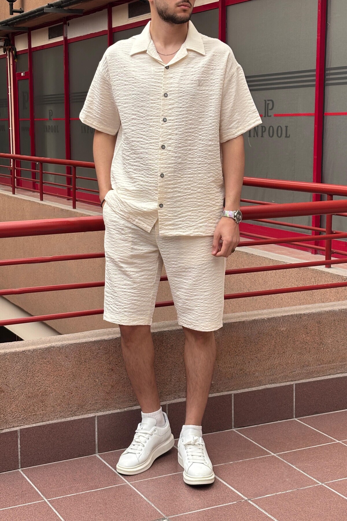 Men's wafer fabric, summer cottage, wide mold, Linen Blend, Shirt-Shorts set 297-G13