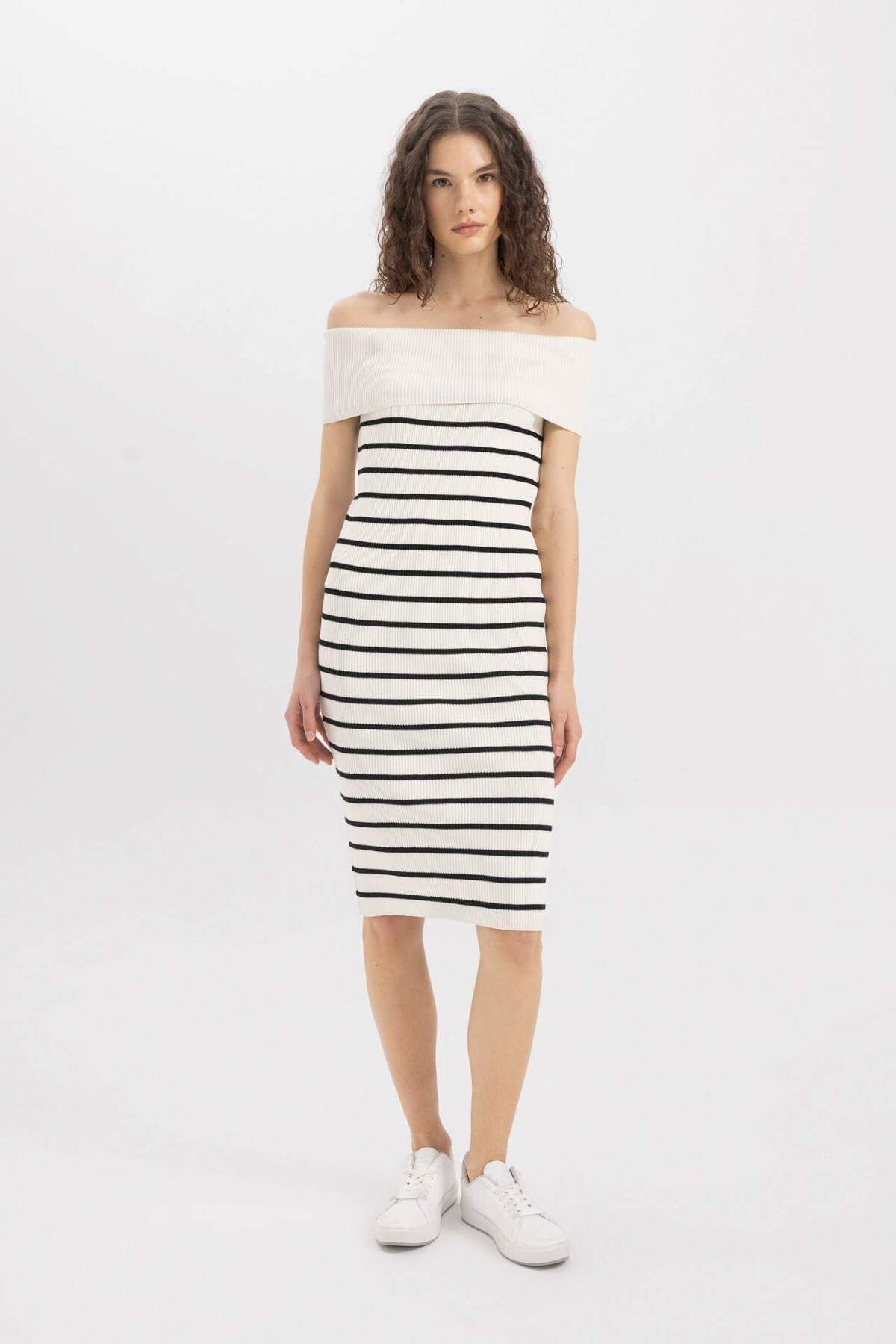 DeFacto-Rochie midi cu umăr deschis în dungi D2995AX24SM 1