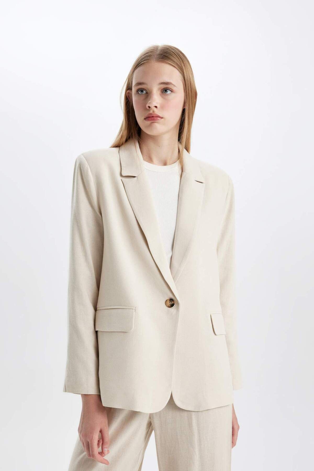 DeFacto-Regular Fit Double Breasted Lapel Linen Blend Button down Blazer Jacket Z8528Az24Sm 7