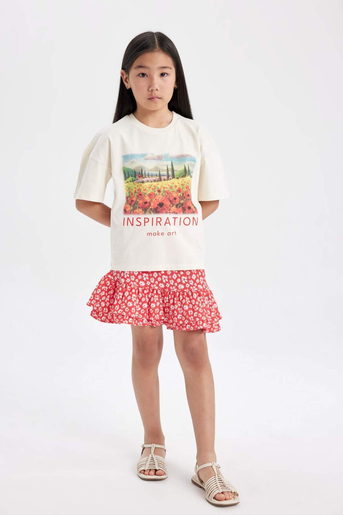 DeFacto-2-teiliges Set für Mädchen, T-Shirt mit Rundhalsausschnitt, bedruckt, kurze Ärmel, Blumenrock C5356A824HS 2