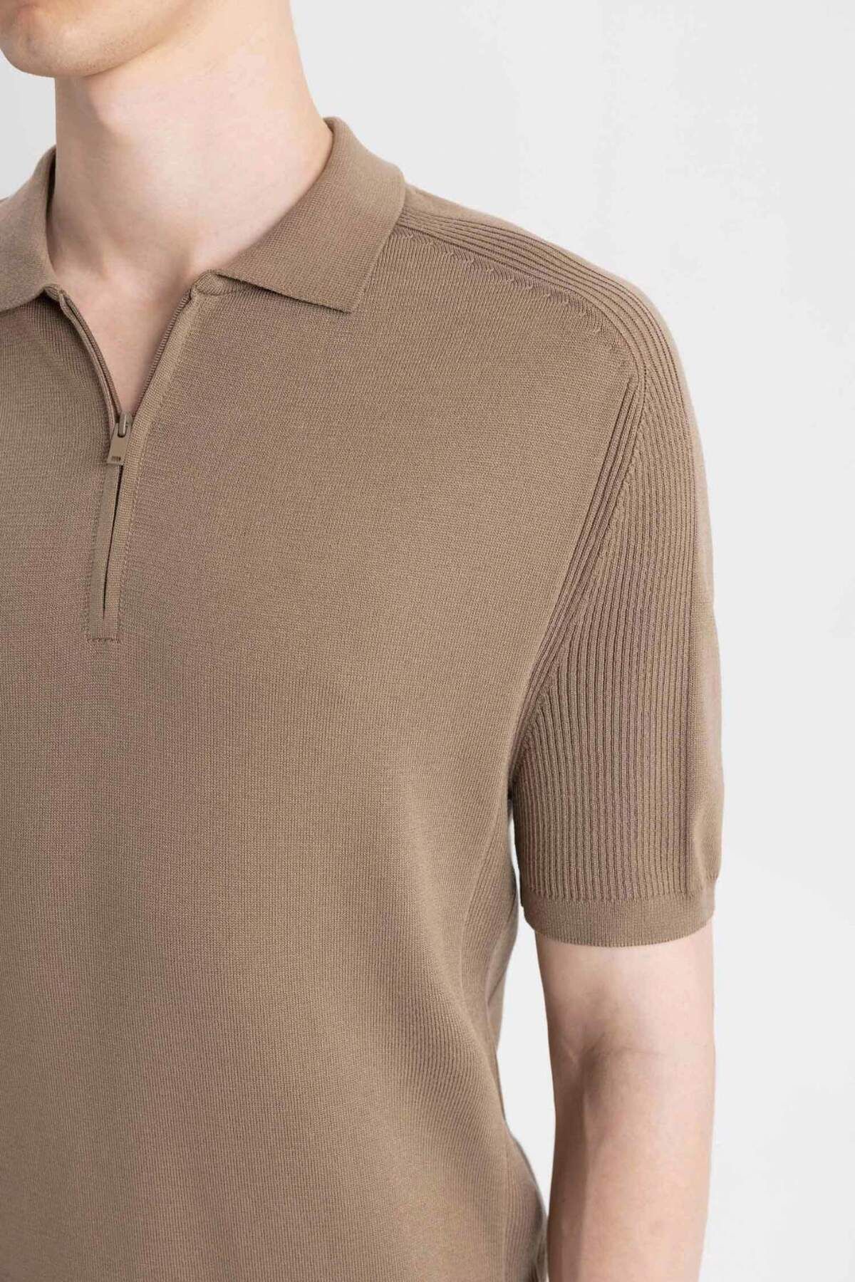 DeFacto-Slim Fit Slim Fit Polo γιακά με κοντό μανίκι Basic μονόχρωμο πλεκτό μπλουζάκι με φερμουάρ C4917AX24SM 5